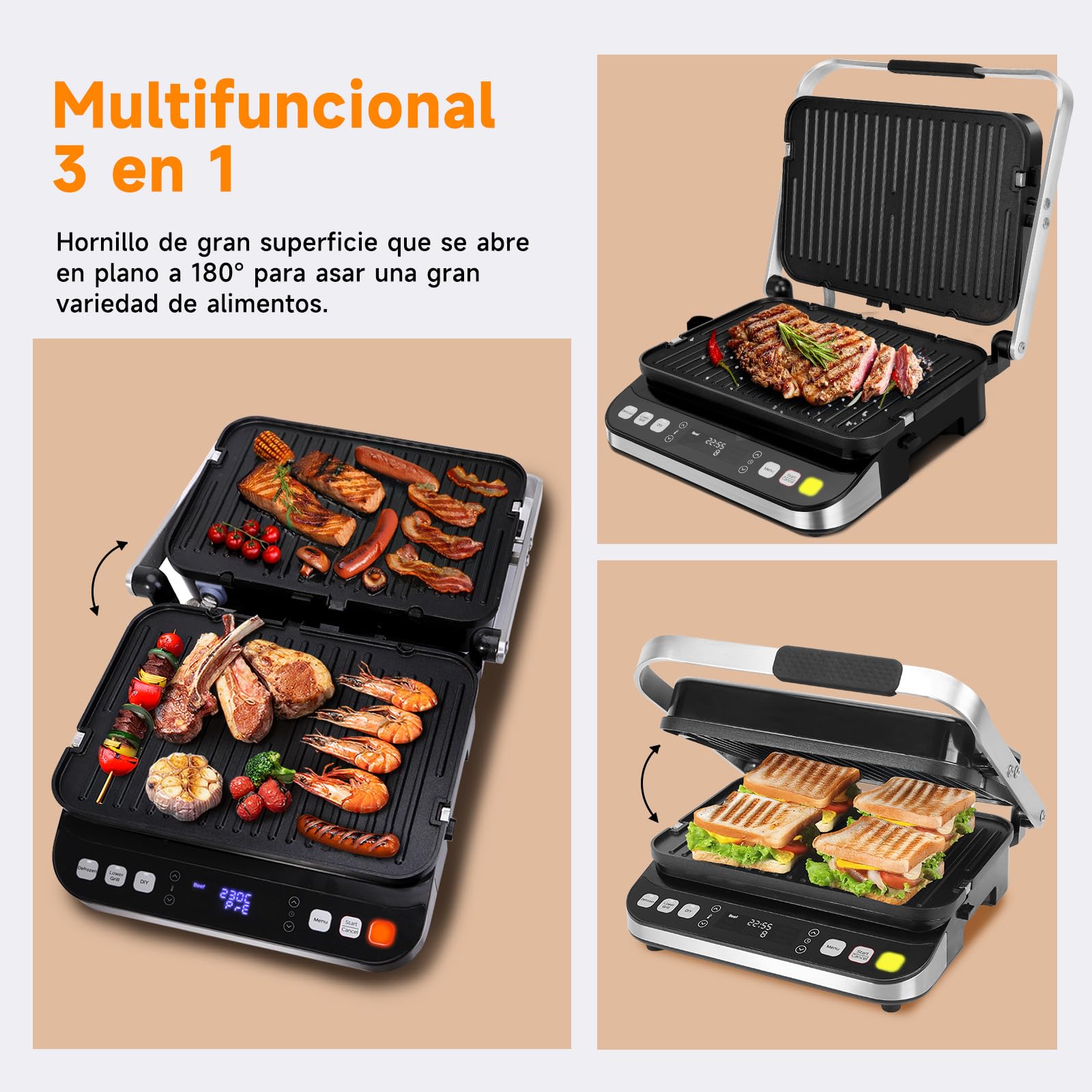 Taylor Swoden Parrilla Eléctrica 9 en 1 2000W, Sandwichera Grill con 3 Modos de Control de Temperatura Independiente, 6 Programas Automáticos y Apertura 180°, Placas Antiadherentes Desmontables