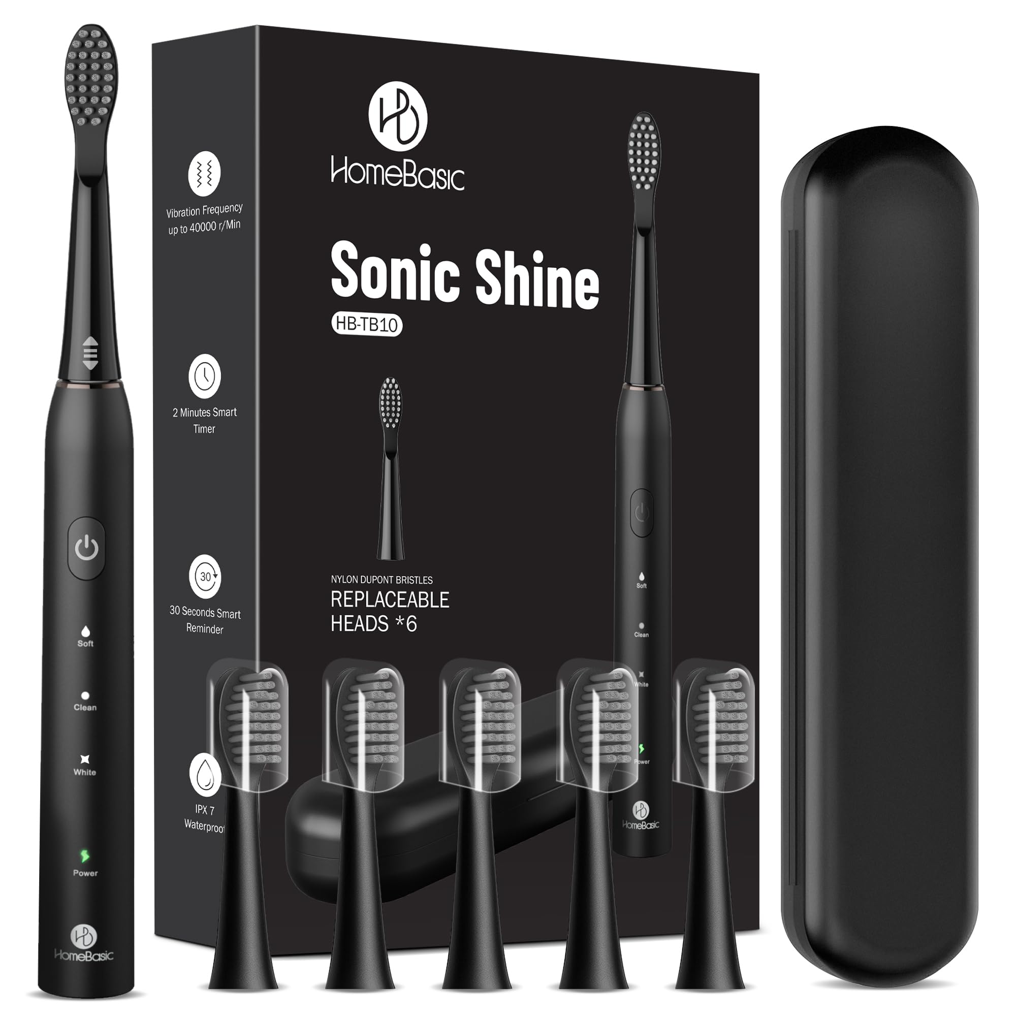 HOMEBASIC Sonic Shine Electric Toothbrush with 6 Dupont Brush Heads, 3 Modes, Smart Timer, USB-C Rechargeable, 50-Days Battery Lasting , IPX7 Waterproof, Quiet Motor, Travel Case – Black, Adult Oral Care