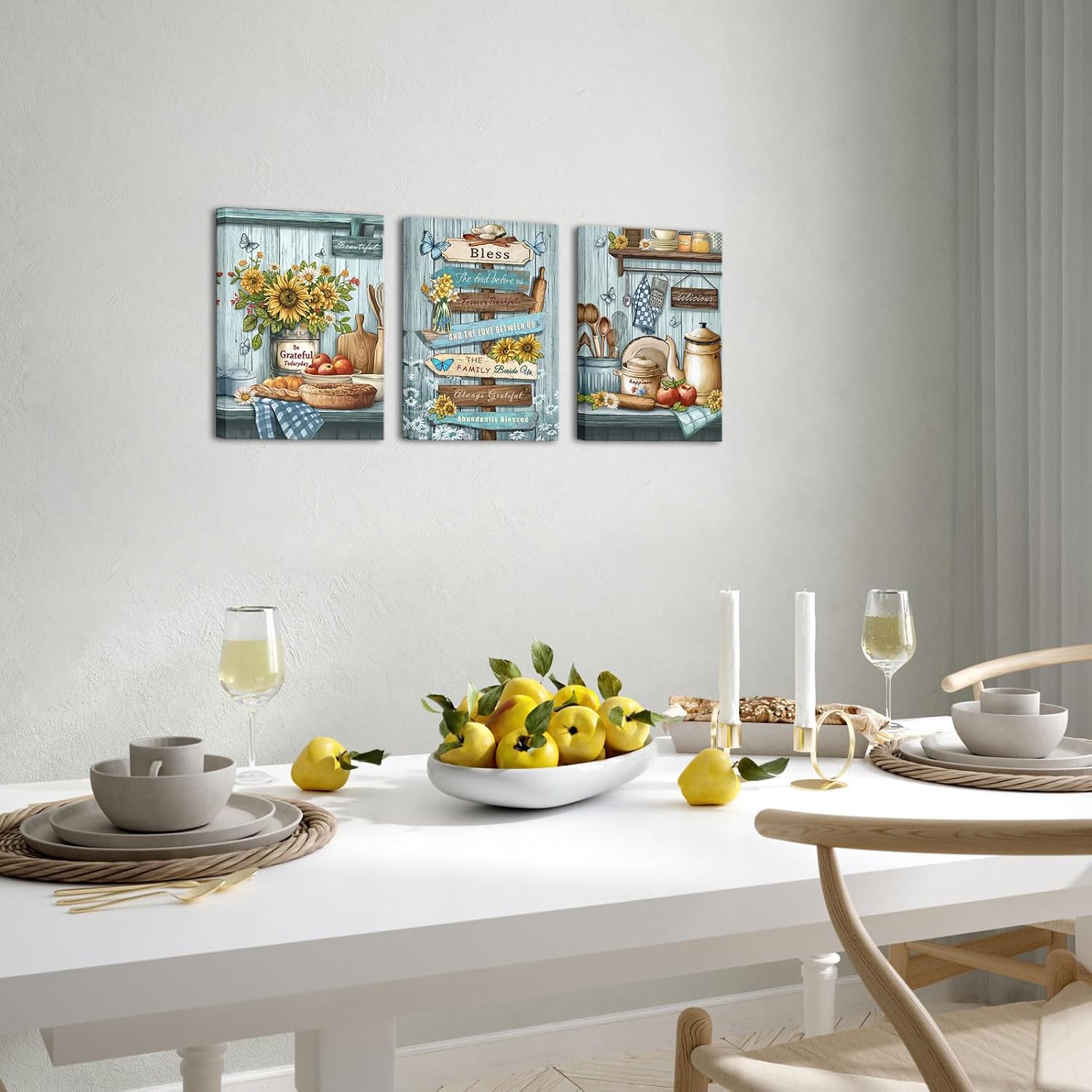 OuElegent Farmhouse Kitchen Wall Art Canvas Bless Quotes Kitchen Pictures for Wall Rustic Kitchen Artwork Painting Canvas for Kitchen Dining Room Framed 12"x16"x3 Pcs