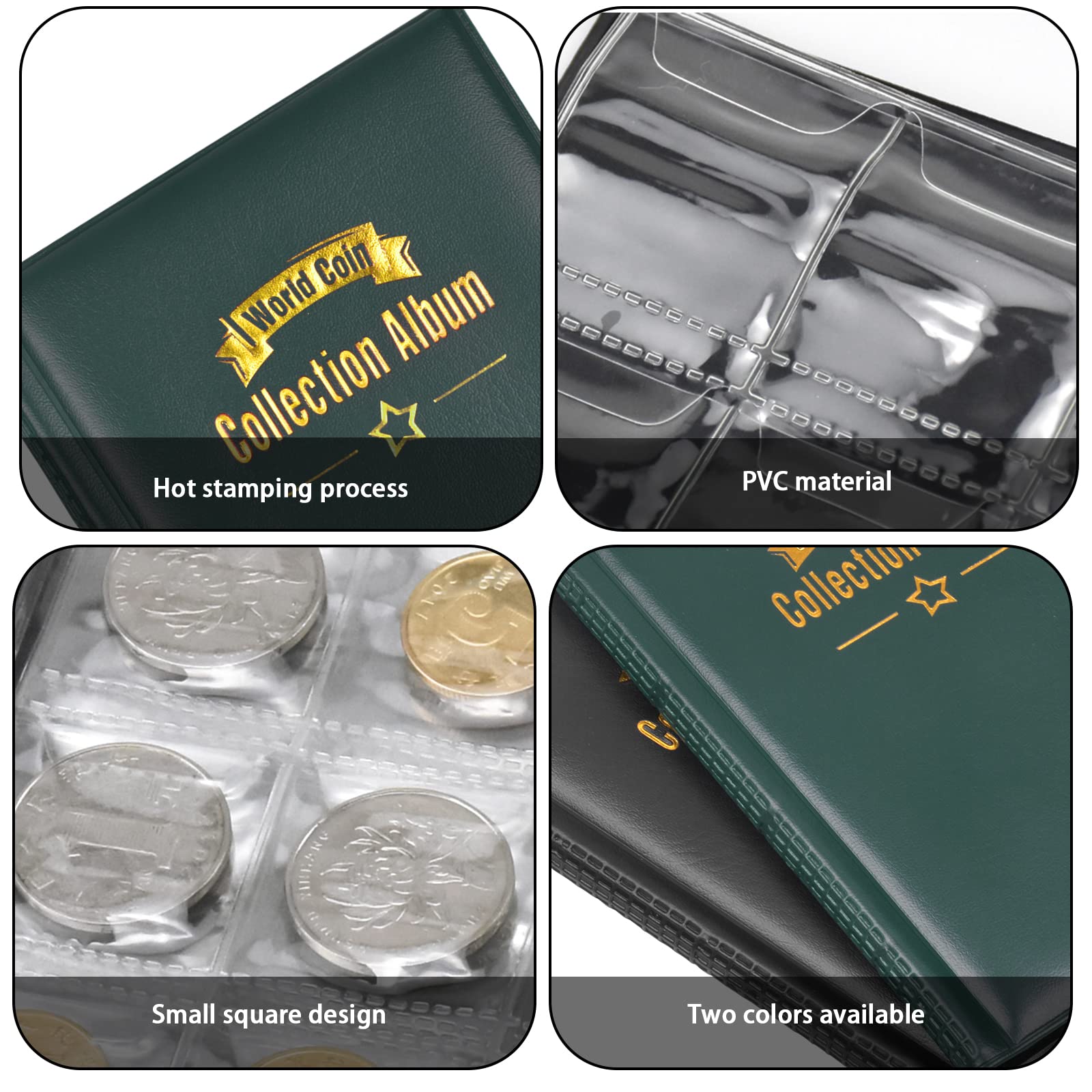 Pack De 2 Álbumes Para Monedas – 240 Bolsillos, Cubierta De PU Y Superficie OPP, Tamaño 15,5x11 Cm, Ideal Para Coleccionistas (Verde Y Negro)