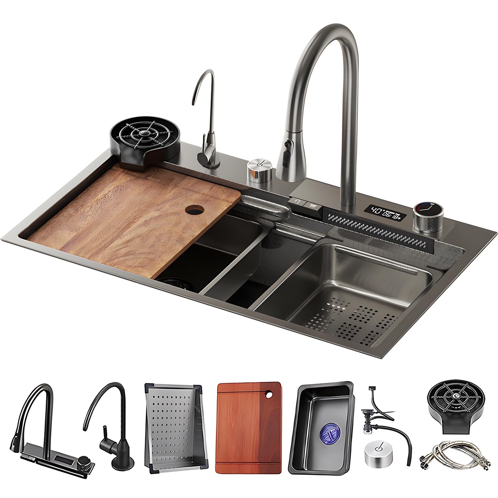 YADZISW Multifunctional Stainless Steel Kitchen Sink 68x45x22cm with Waterfall Faucet & Complete Accessories - Single Bowl Design for Modern Kitchens