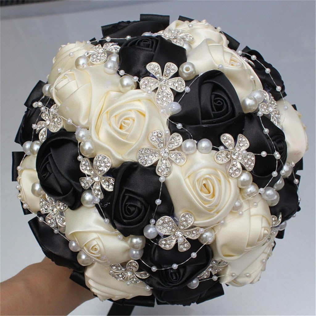 S_SSOY Hand Made Shining Crystal Rhinestones Pearl Silk Rose Bridesmaid Bridal Artificial Bouquets Customization Bride Holding Bouquet Wedding with Corsage Flower, A-018, Black+Creamy