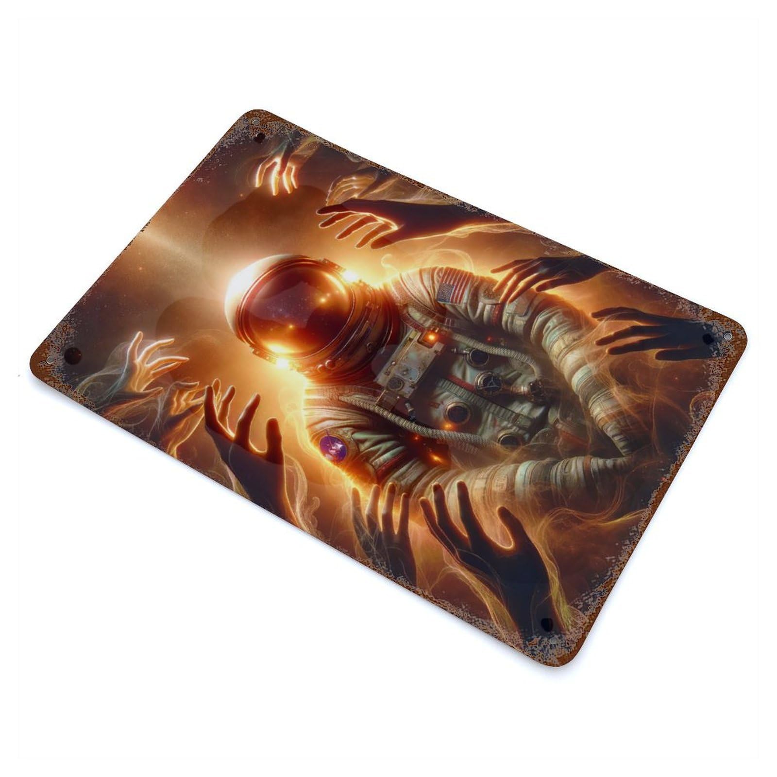 Aged Metal Wall Plaque with Cosmic Embrace Design 11.8"x7.9", for Basement, Hobby Room And Garage Decor, Farmhouse Wall Decor