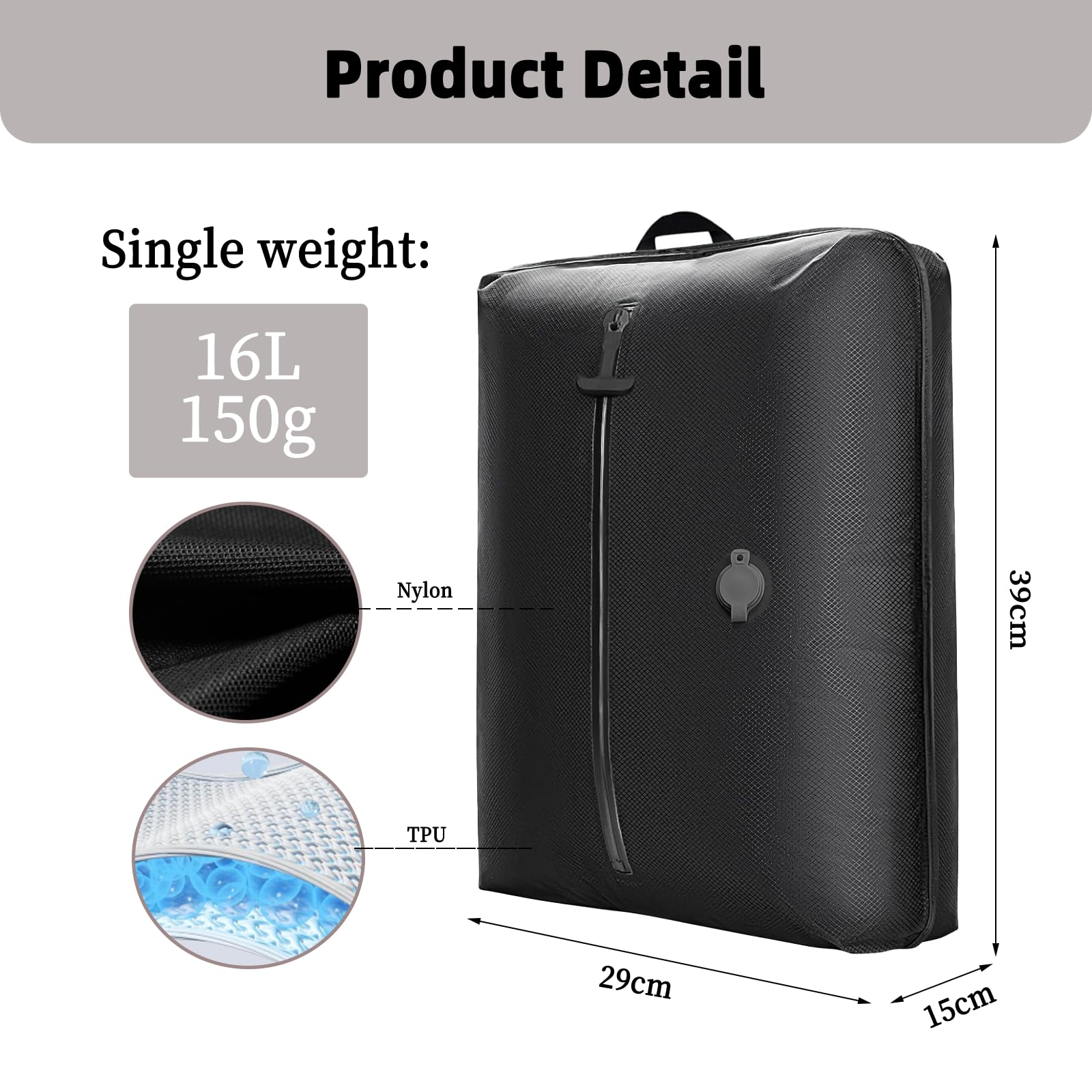Lollanda Vacuum Bags for Travel IP67 Waterproof Reusable Compression Storage Space Saver Suitcase Backpack Organizer Lightweight Durable 210D Polyester TPU (16L-BLACK) - Image 2