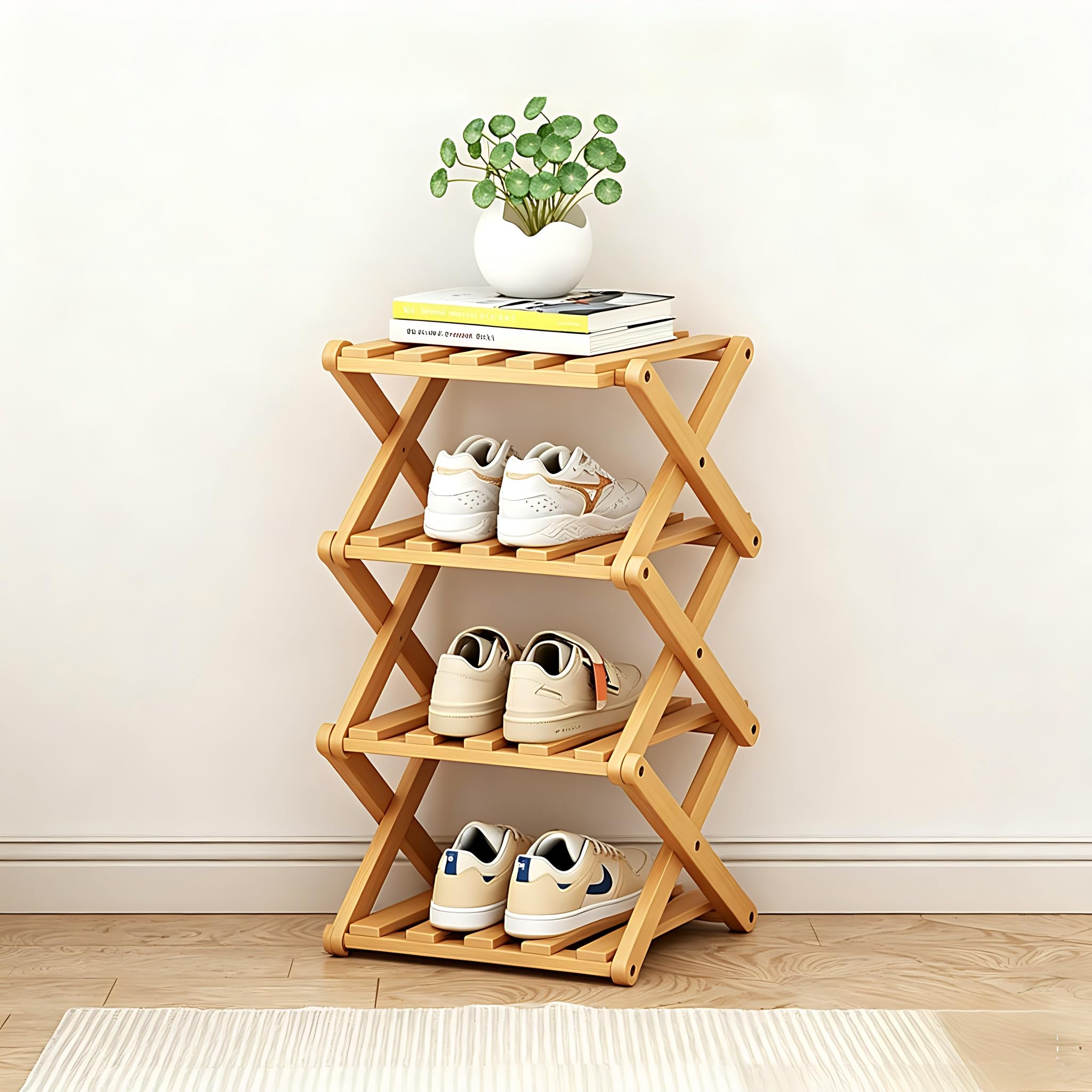 Schuhregal Platzsparend, Faltbares Schuhregal, 4 Ebenen, tragbar, ohne Installation, Schuhorganizer für Korridore, Wohnzimmer, Ecke und kleine Räume, Holzfarbe
