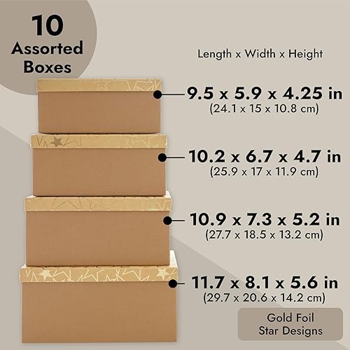 Miniatura 3 de Sparkle and Bash Juego de 10 cajas de regalo anidables con tapas, caja de cartón con diseños de estrellas doradas (10 tamaños)