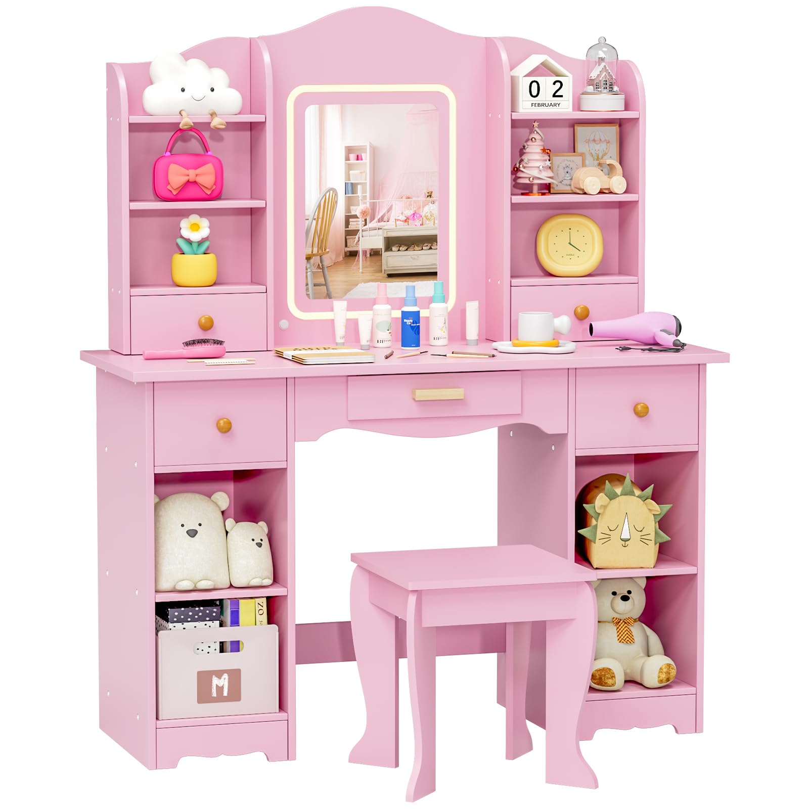 MAMIZO Toeletta Trucco Bambina con Sgabello LED, Toeletta per Bambini con Sedia, 5 Cassetti e 10 Scomparti Portaoggetti, 3 Modalità di Illuminazione Regolabili, 95x34x118cm, Rosa