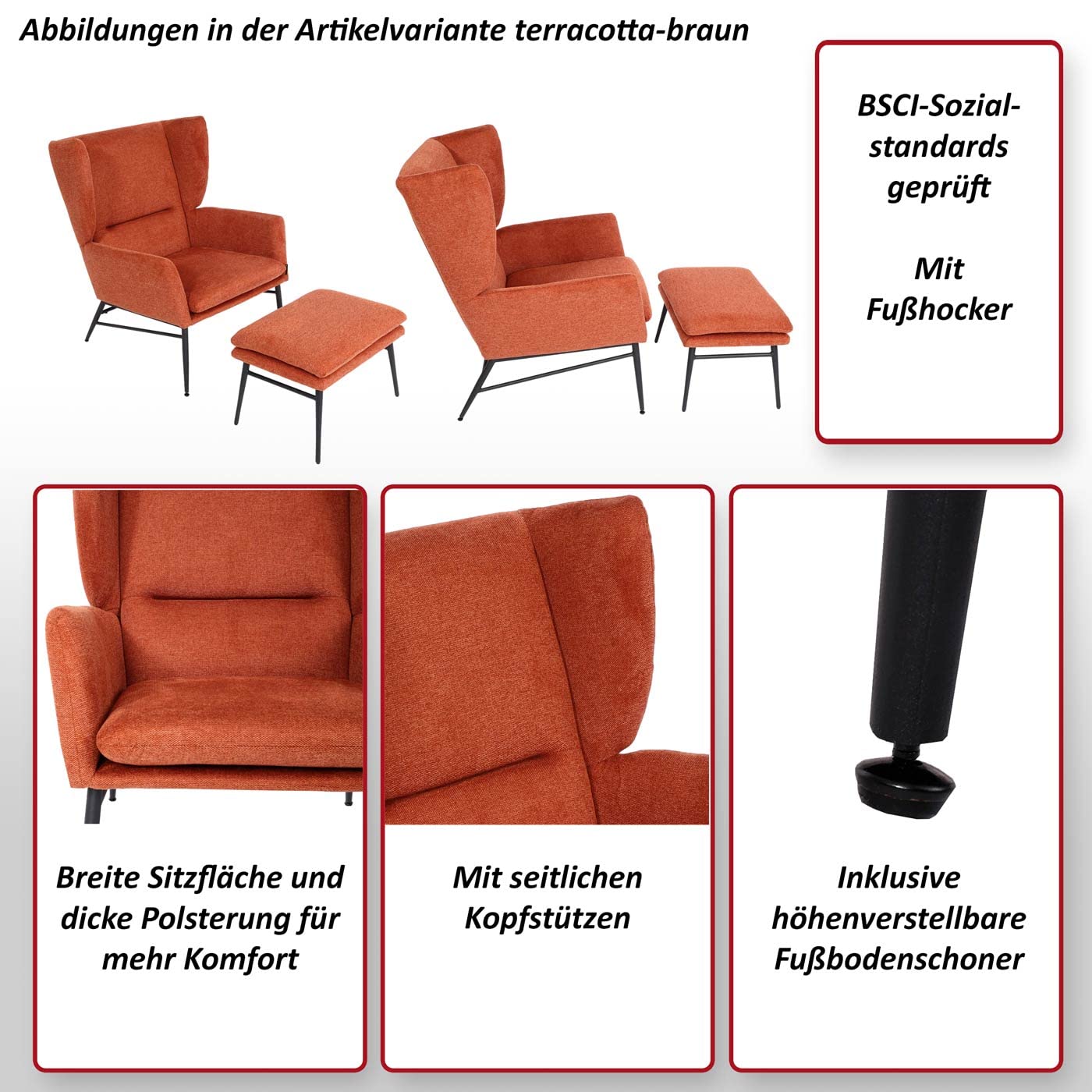 Mendler Sillón con otomana HWC-L62, con orejeras, tapizado, taburete, tela/textil, color marrón terracota