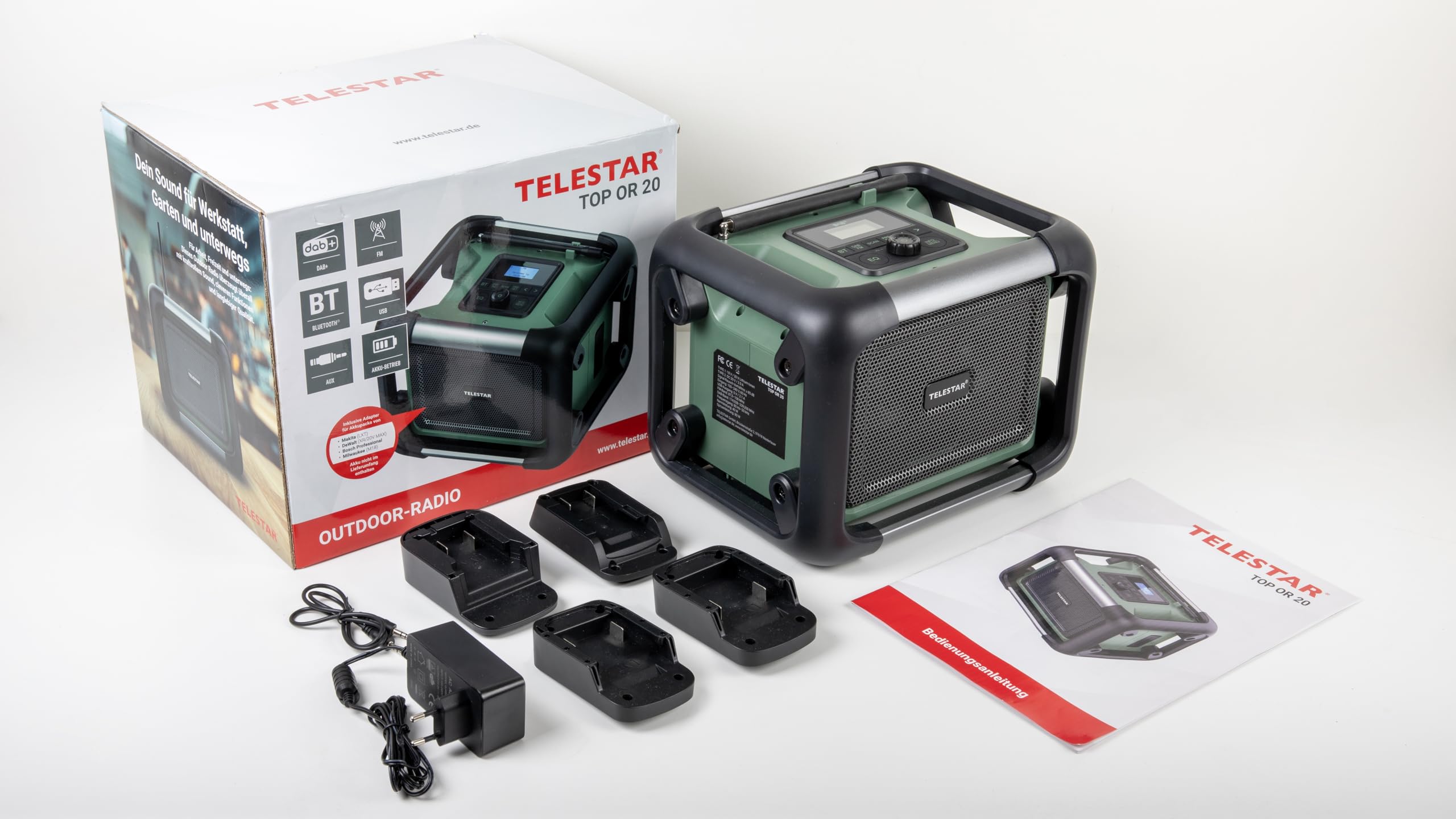 TELESTAR TOP OR 20 – Baustellenradio, läuft mit Marken-Akkus (Makita etc.) | Robust, DAB+, Bluetooth Audio-Streaming, für Akkus von Makita, DeWalt, Bosch, Milwaukee, 80 W Stereo, USB, Akku-/Netzbetrieb