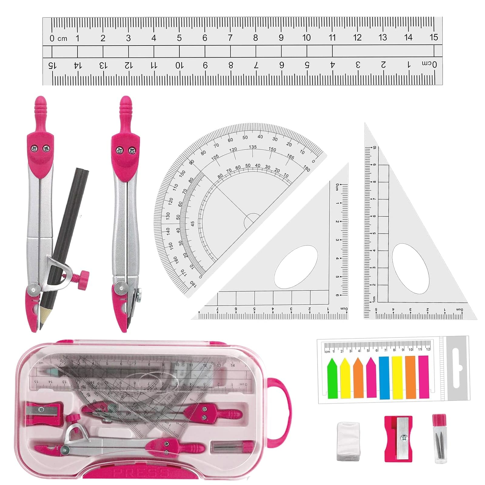 Geometry Set for Students 10PCS Math Geometry Set including Rulers, Math Protractor Compass, Box of Protactor Kit