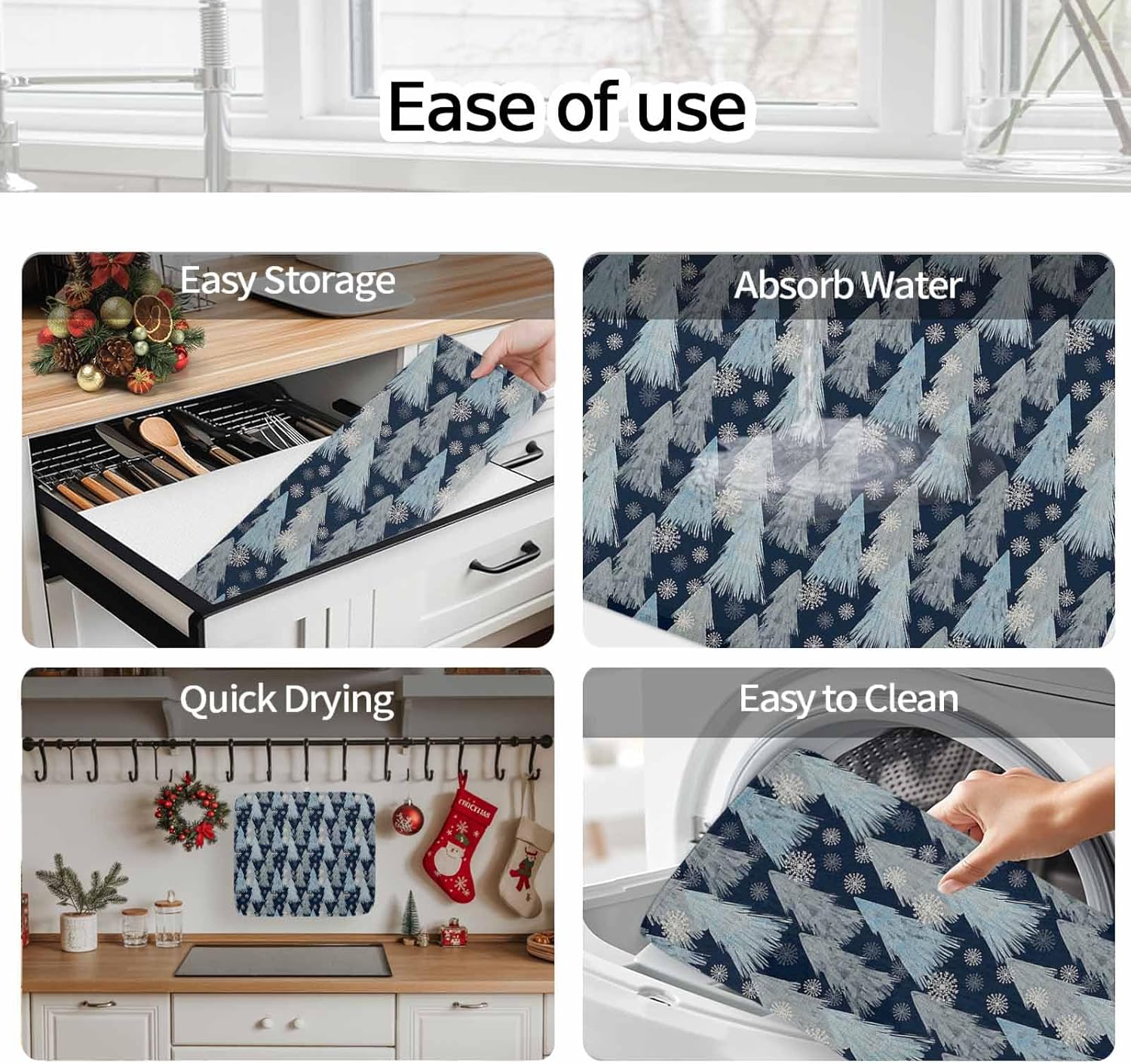 Christmas Gradient Xmas Tree Dish Drying Mats for Kitchen Counter,Absorbent Microfiber Dish Drainer Rack Mat Winter Snowflakes Seamless Dark Blue Drying Pad for Sinks,Utensils,Countertops,18x24in