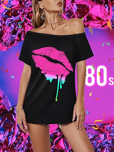 Miniatura 4 de Traje de fiesta de los años 80 para mujer, ropa novedosa de neón de los años 80 con hombros descubiertos, camisetas con hombros descubiertos