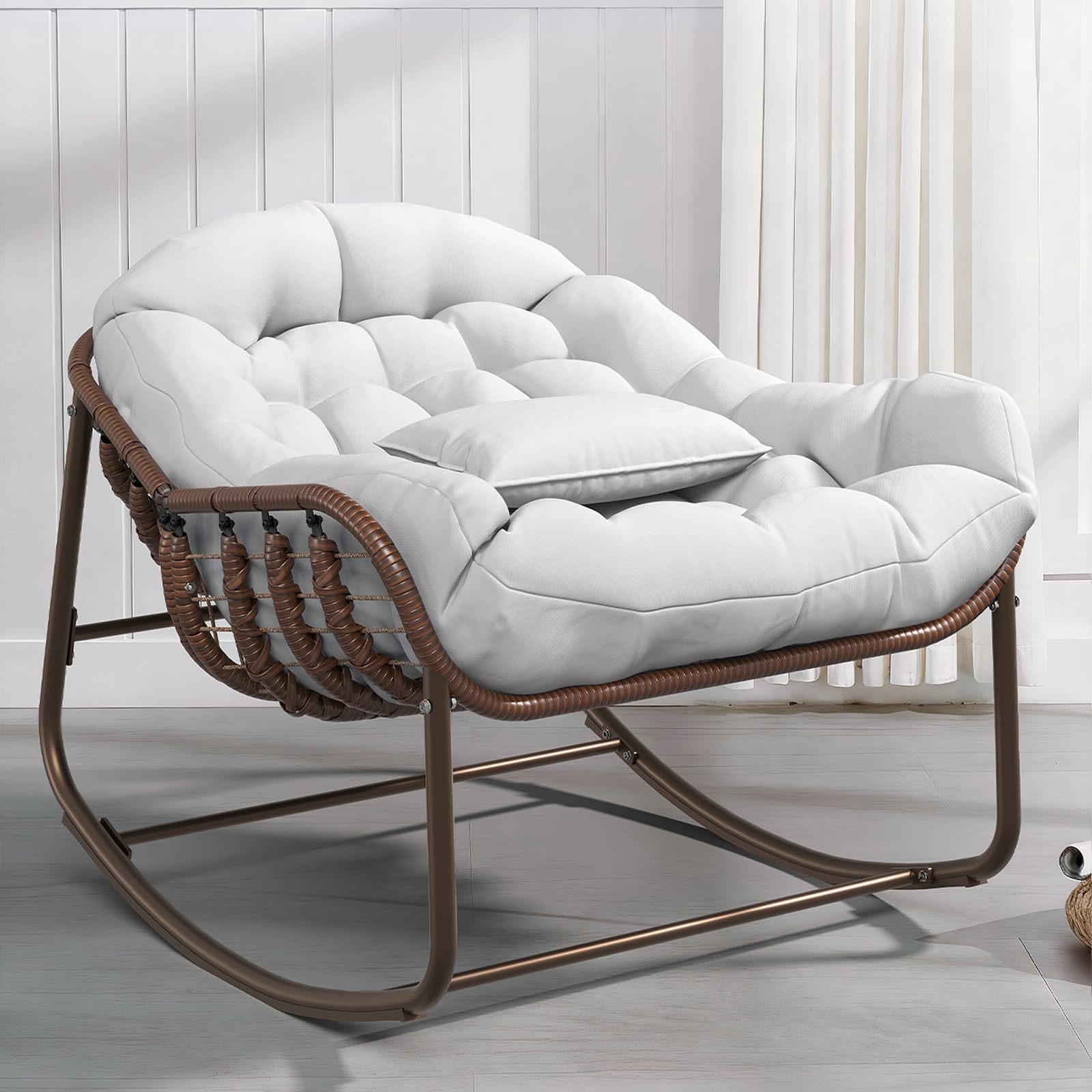 Fauteuil à Bascule Papasan d’extérieur XXL, Chaise œuf en résine tressée avec Coussin épais, Structure métal avec Base en Bois – pour Patio, Jardin, Balcon, Porche – Marron + Tissu écru –
