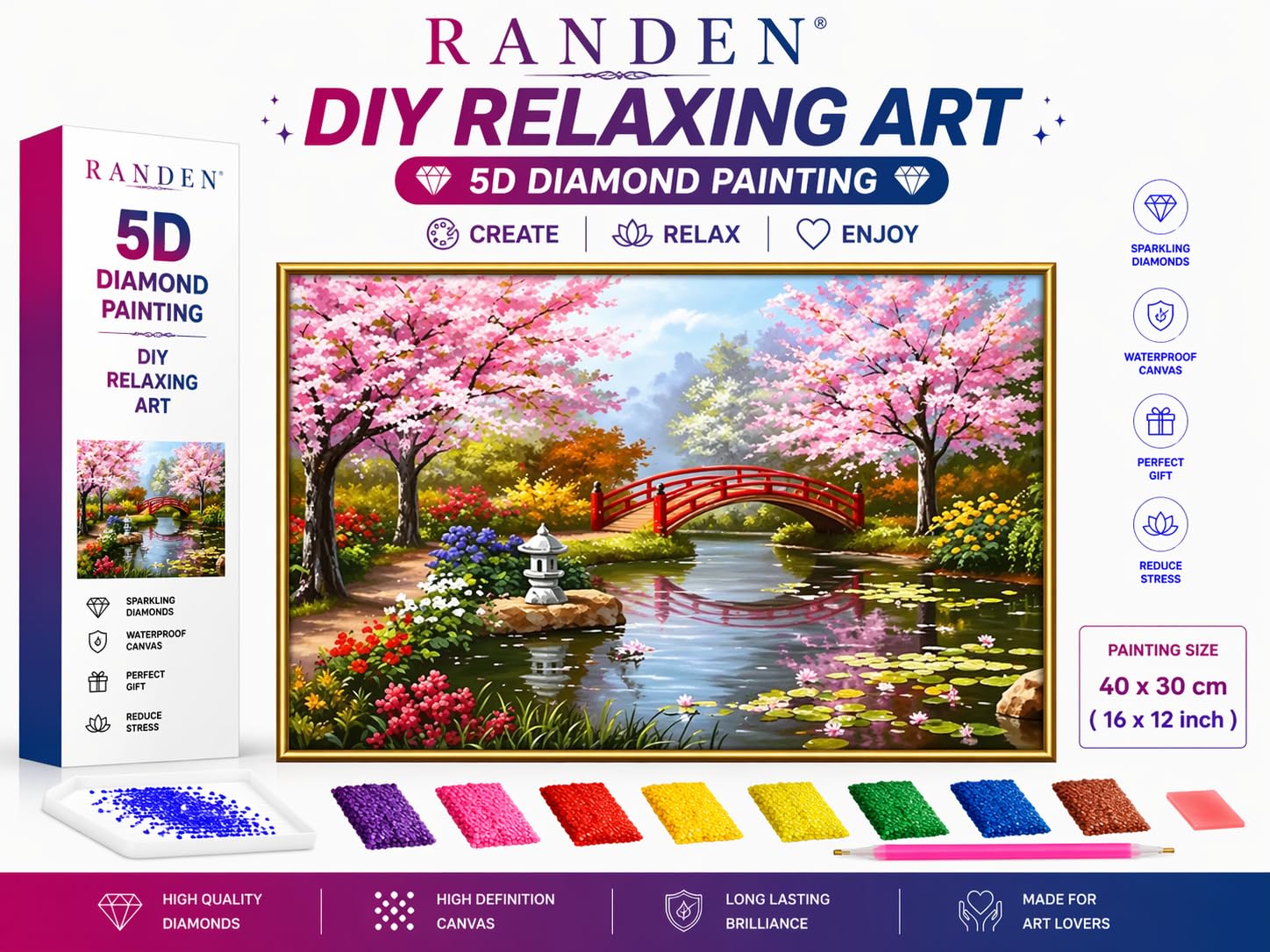 RANDEN Diamond Art Kit, 5D Diamond Painting kit,Bridge Peach Tree Spring Pool Lotus Pond 5D Diamond Painting Set, Perfect for Relaxation and Home Wall Decor 30x40 cm-image-48