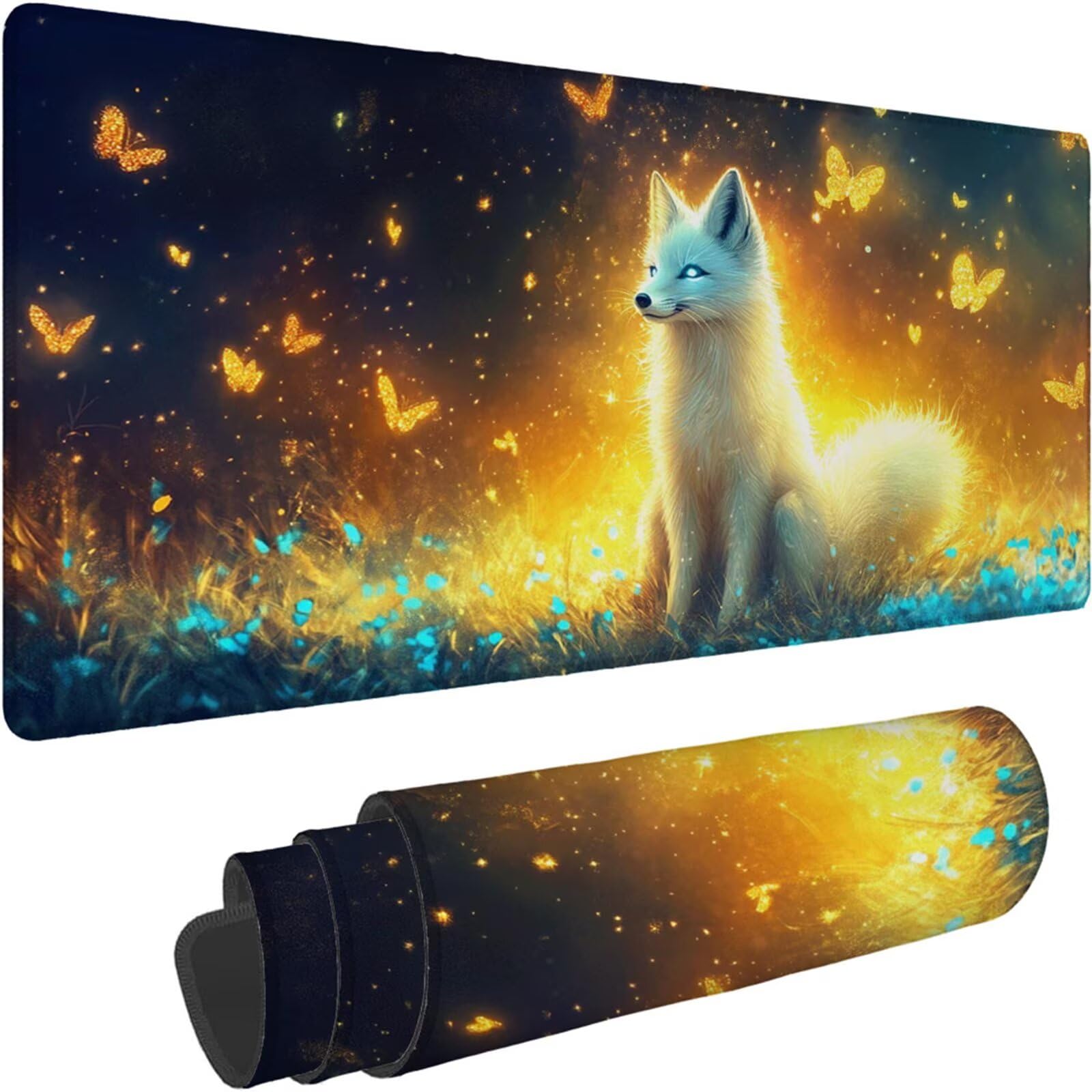 Gamingowa podkładka pod mysz 1200 x 600 x 3 mm, XXL, wodoszczelna, odporna na ścieranie, z przyszytymi krawędziami, podkładka na biurko, poprawia prędkość i precyzję pod laptopa, komputer, wzór lisa