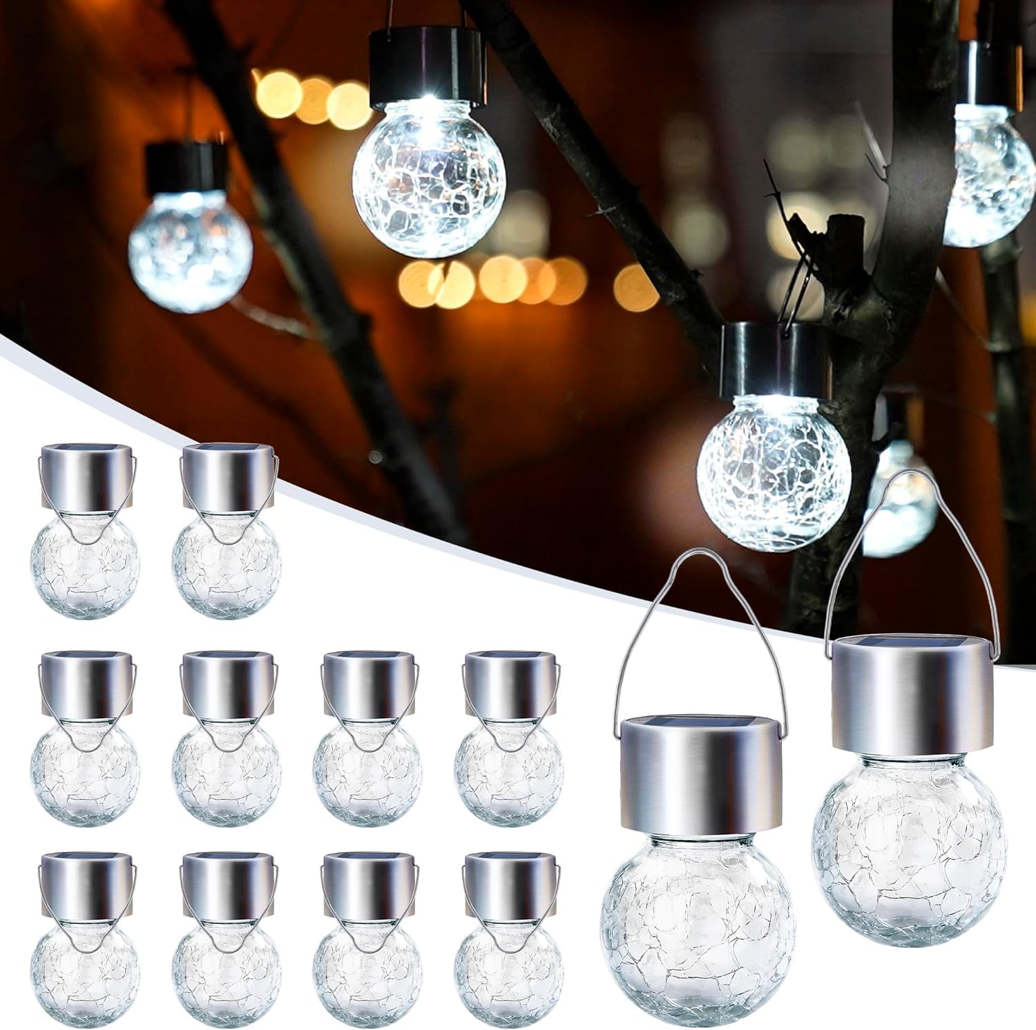 GIGALUMI 12 Pack Solar Outdoor Lights, Solar Hanging Lights for Christmas Decoration-Cracked Glass Solar Lights Outdoor Waterproof for Garden, Yard, Fence, Tree（Cold White）-picture-12