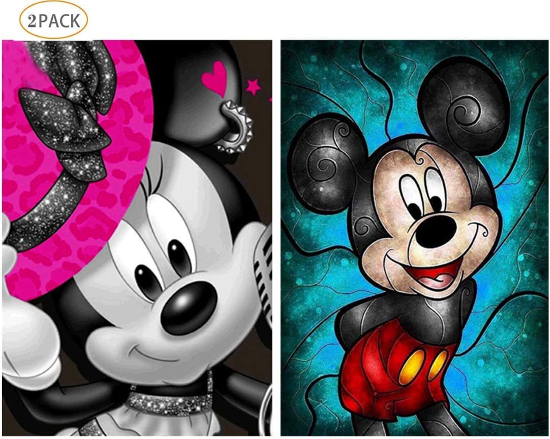 2 Pack 5D Diamond Painting Kits Full Drill Diamond Embroidery Cartoon Pattern Mickey and Minnie 12x16 inch (A)