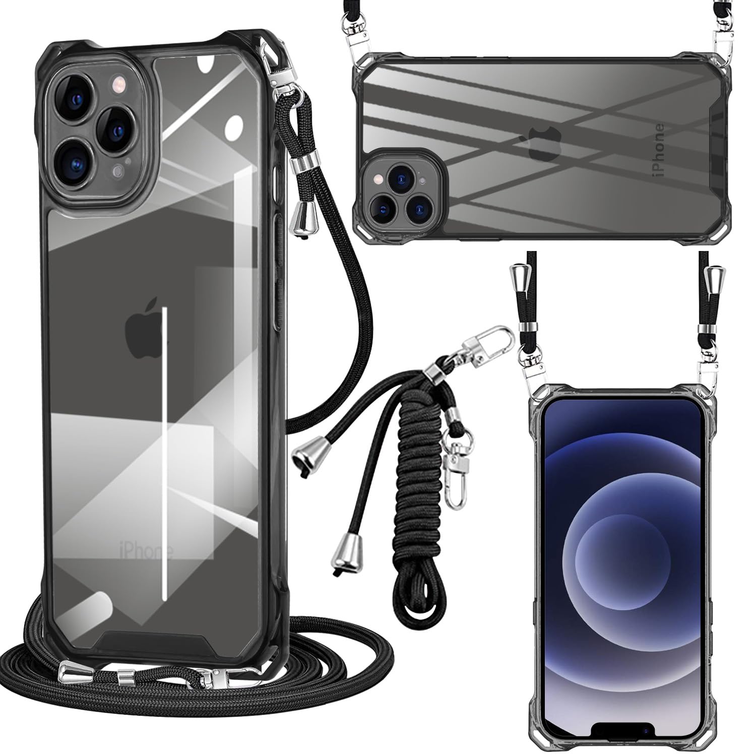 iPhone 13 Pro ケース クリア PC ショルダー 軽量 耐衝撃 カバー アイフォン13Pro ケース 透明 薄型 軽量 PC背面 + TPUバンパー 二層構造 携帯ケース 首掛け 肩掛け 斜めかけ 縄掛けケース ストラップ付き 1.5M 取り外し可能 縦/横 2WAY 調節可能な 全面保護 落下防止 衝撃吸収 ワイヤレス充電対応 (ブラック)