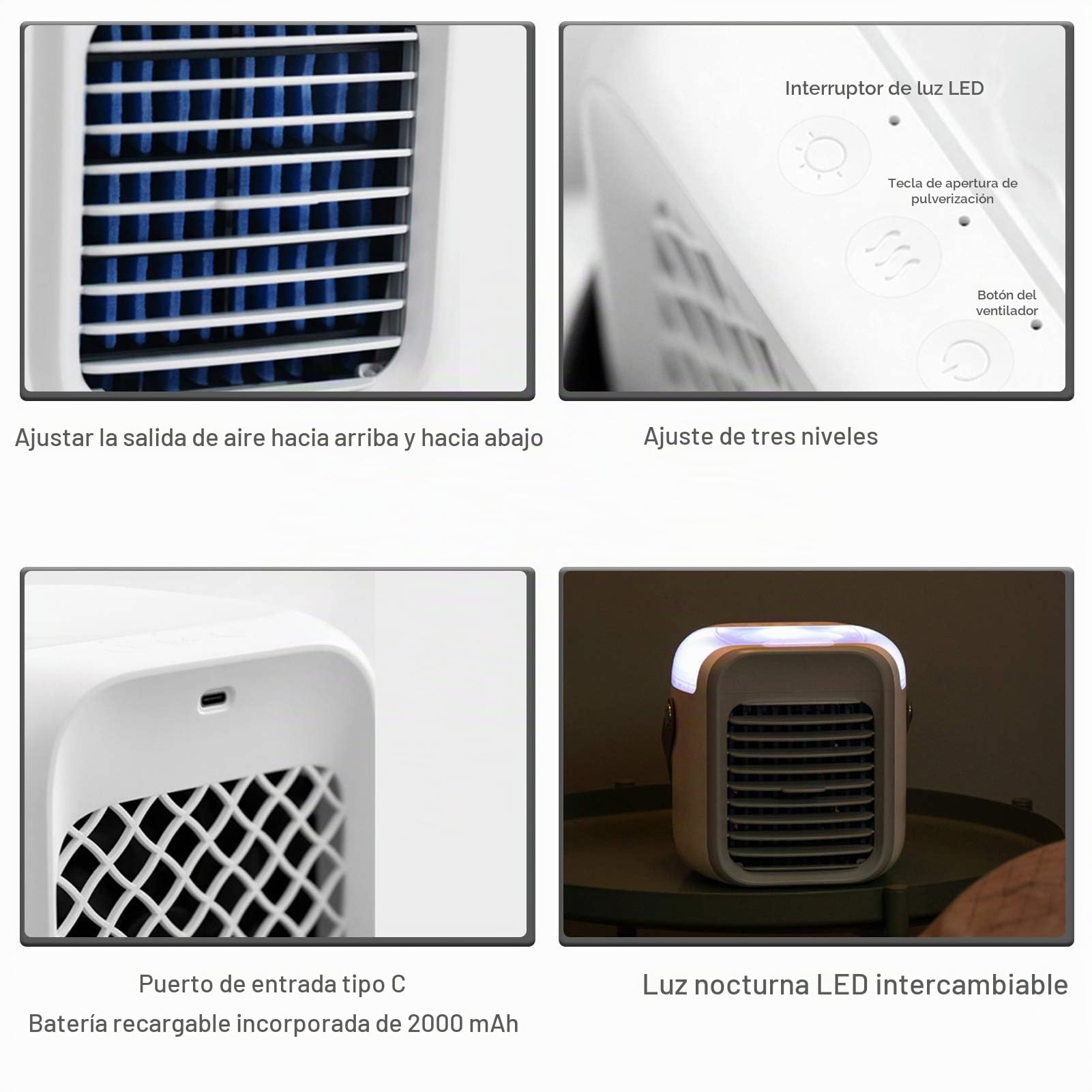 Mini Enfriador de Aire, Ventilador acondicionador portátil con función de filtración humidificador de refrigeración, 3 velocidades, luz nocturna, respetuoso con el medio ambiente, verano