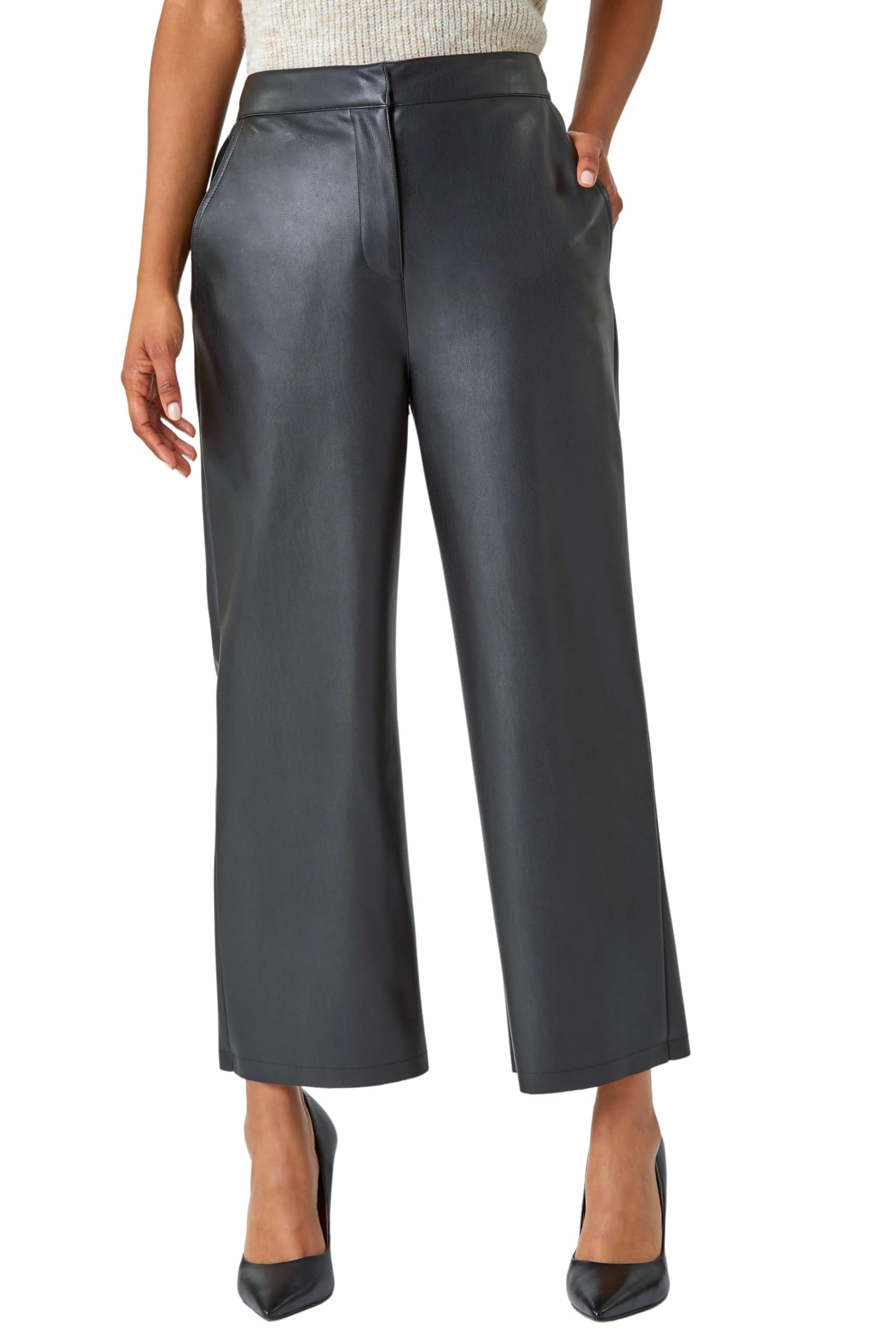 Roman Originals Women's Black Faux Leather Wide Leg Crop Trousers For Uk - Everyday Autumn Winter Comfy Soft Evening Vacation Work Party Night Out - Size 20