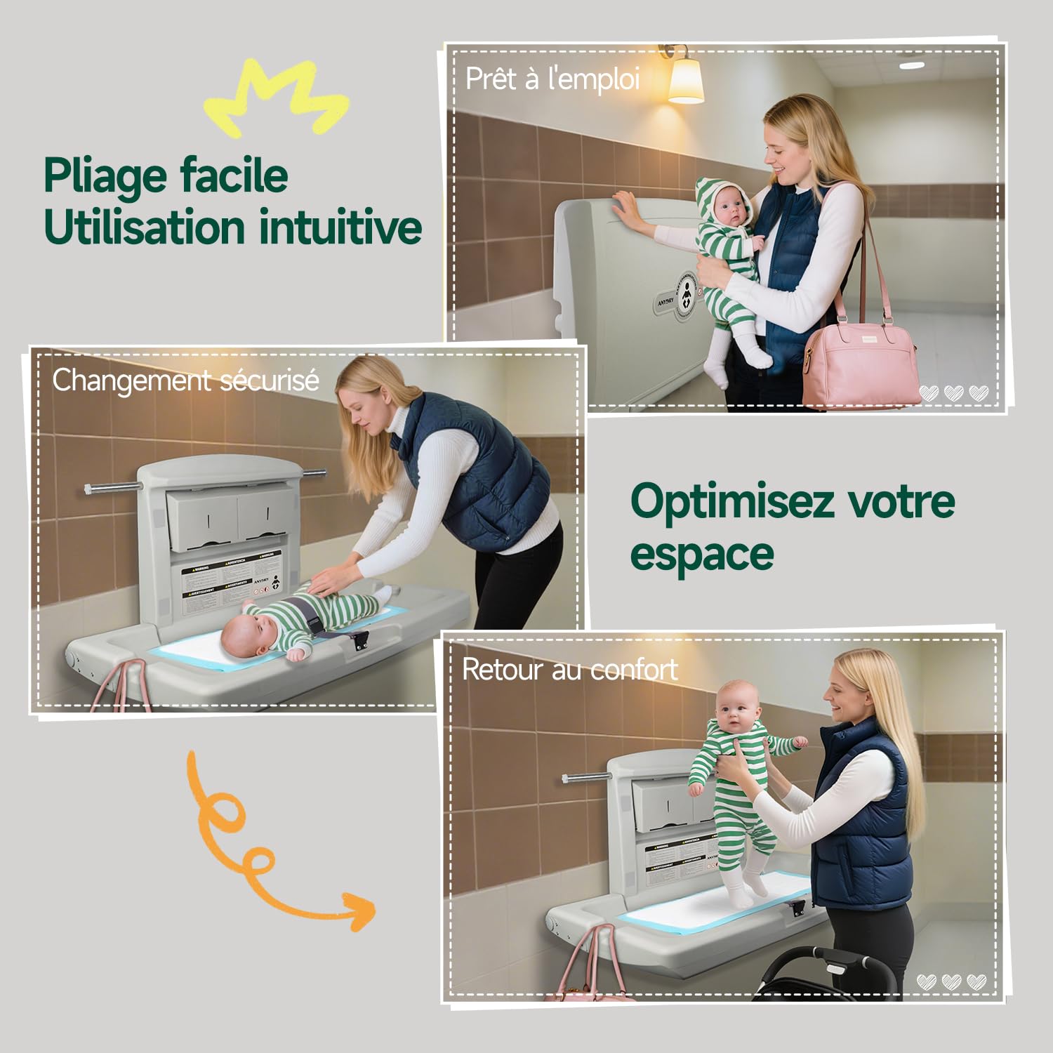 anydry Table à langer murale durable, Design robuste avec sangles de sécurité, Économiseur d'espace rabattable, en blanc grisâtre élégant
