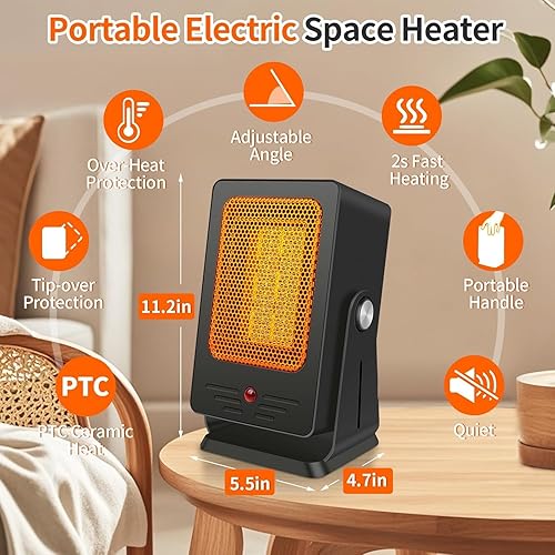 Miniatura 8 de Calentadores de espacio para uso en interiores, calentador PTC pequeño de escritorio con calentamiento rápido de 2 segundos, protección contra