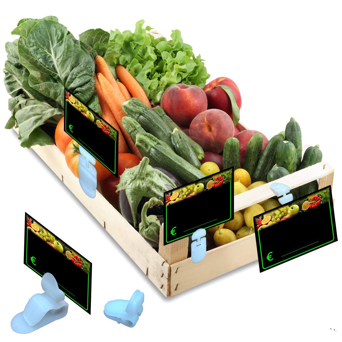 30 SEGNAPREZZI PLASTIFICATI PER FRUTTA E VERDURA 8,3x11,3 cm. +30 supporti +1 pennarello atossico