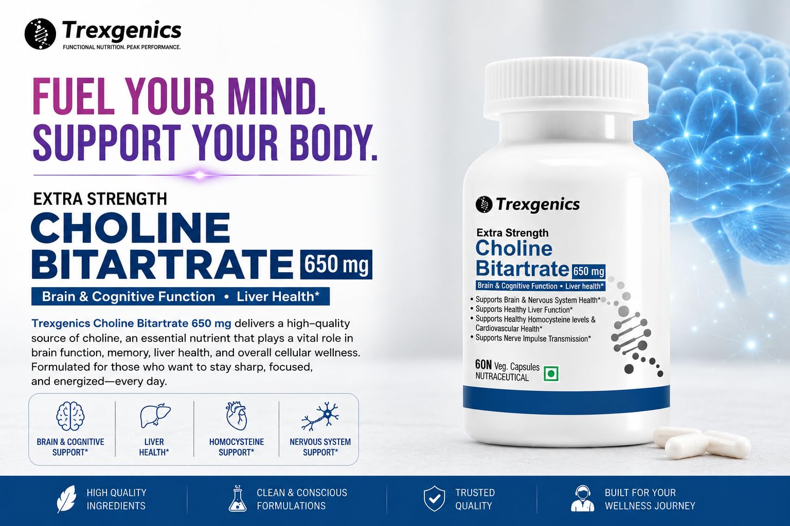 Trexgenics CHOLINE BITARTRATE 650 mg Cognitive Function, Fat Metabolism, Brain & Nervous System Health Support VEGAN & NON-GMO (60 Veg. Capsules) (Pack of 1) 1