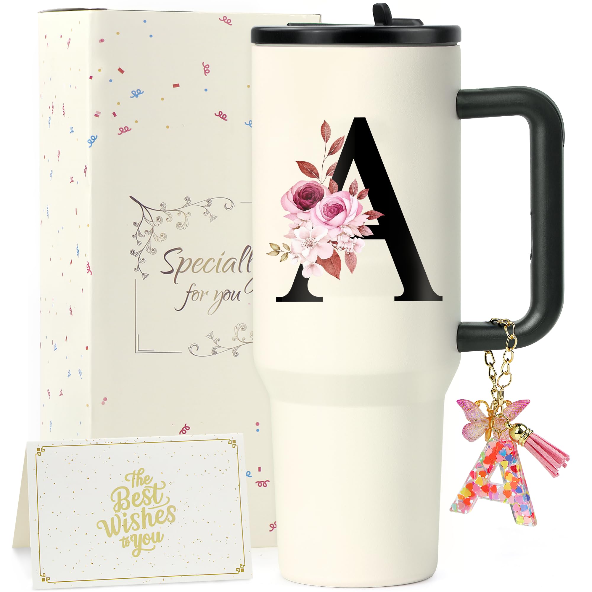 ZIOISNM A-Z Buchstaben Thermobecher mit Strohhalm, Doppelwandiger Edelstahl Trinkbecher mit Deckel und Strohhalm, Perfekte Geschenke für Frauen zu Geburtstag, Weihnachten, Valentinstag (A)