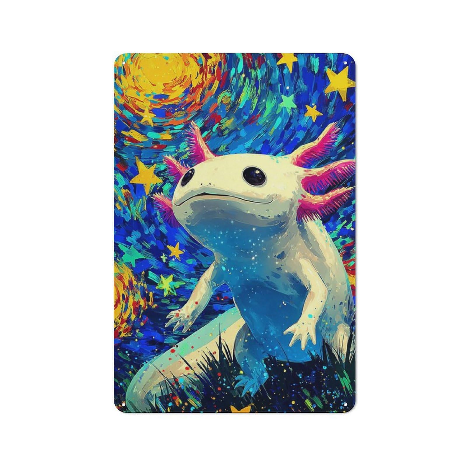 Junmoney Colorful Axolotl In Starry Night Cottage Metal Wall Decor 30X20cm, Shed Metal Sign For Conservatory, Home Bar Or Utility Room