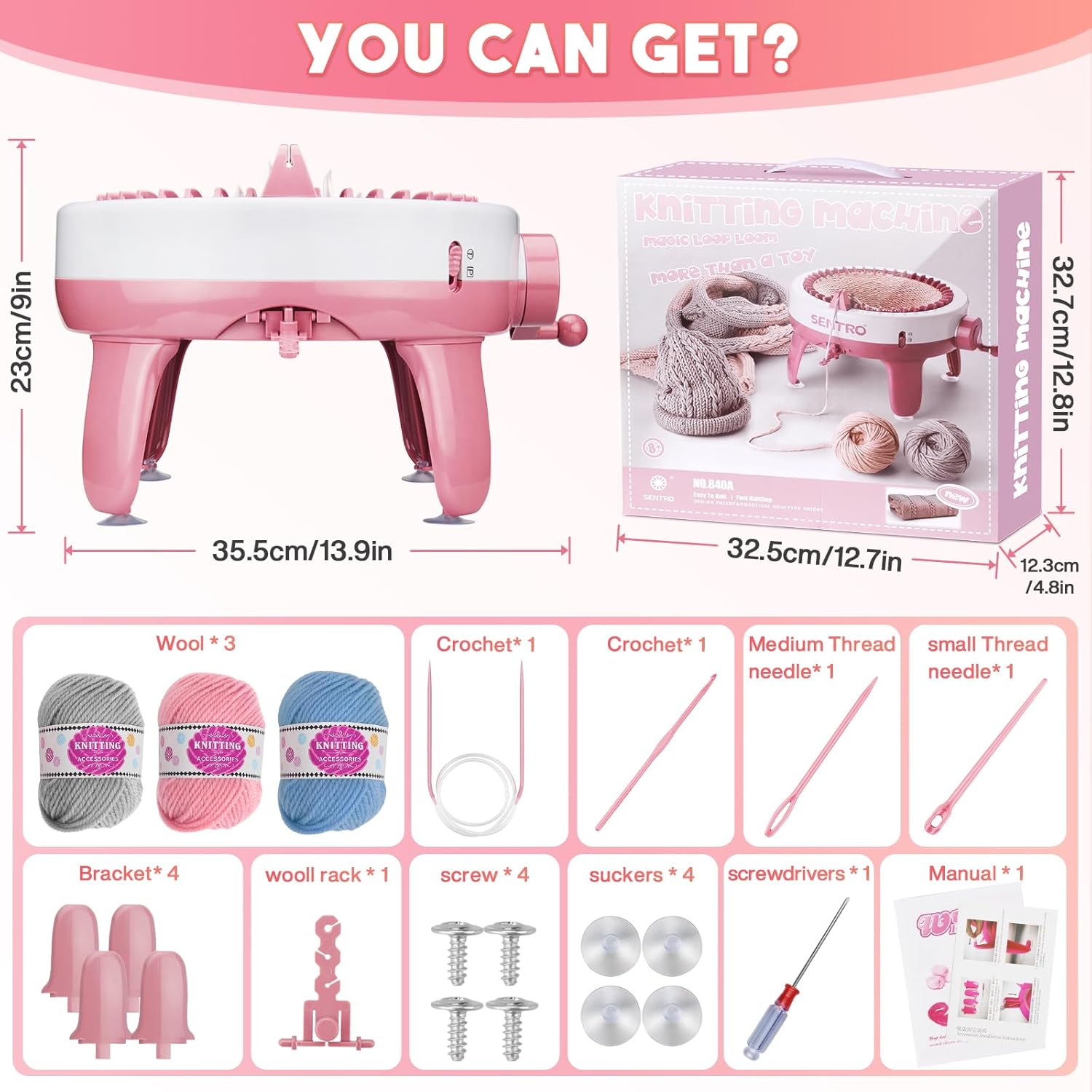 Knitting Machine 40 Needles,Smart Loom Knitting Machine,Knitting Board Rotating Double Knit Loom Machine for Adults/Kids Gift,DIY Knit Scarf Hat Sock(with Wool)