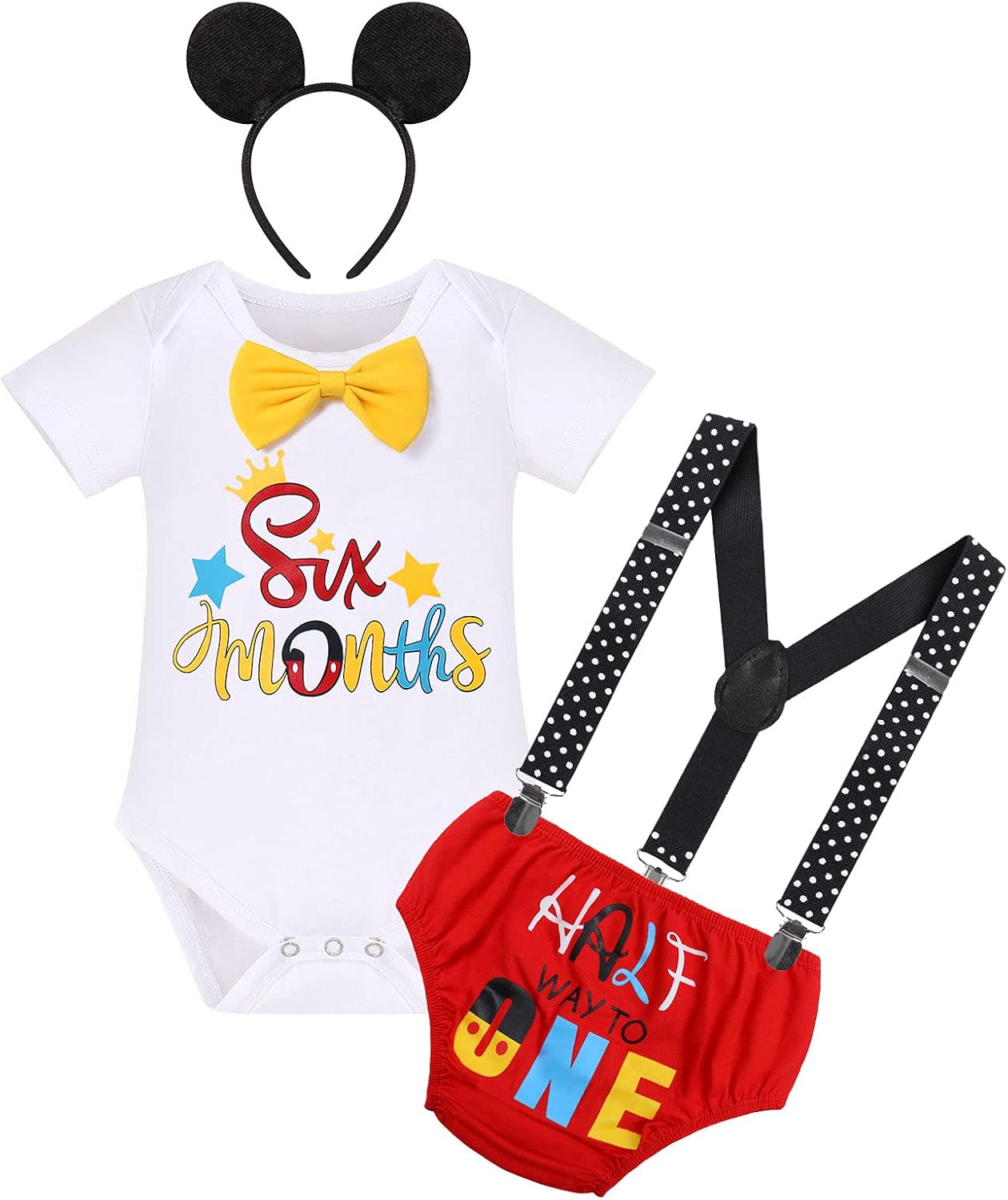 Baby Boy 1/2 Half Birthday Cake Smash Outfit Romper+Diaper Cover+Suspenders+Mouse Headband 4pcs Set Photo Shoot