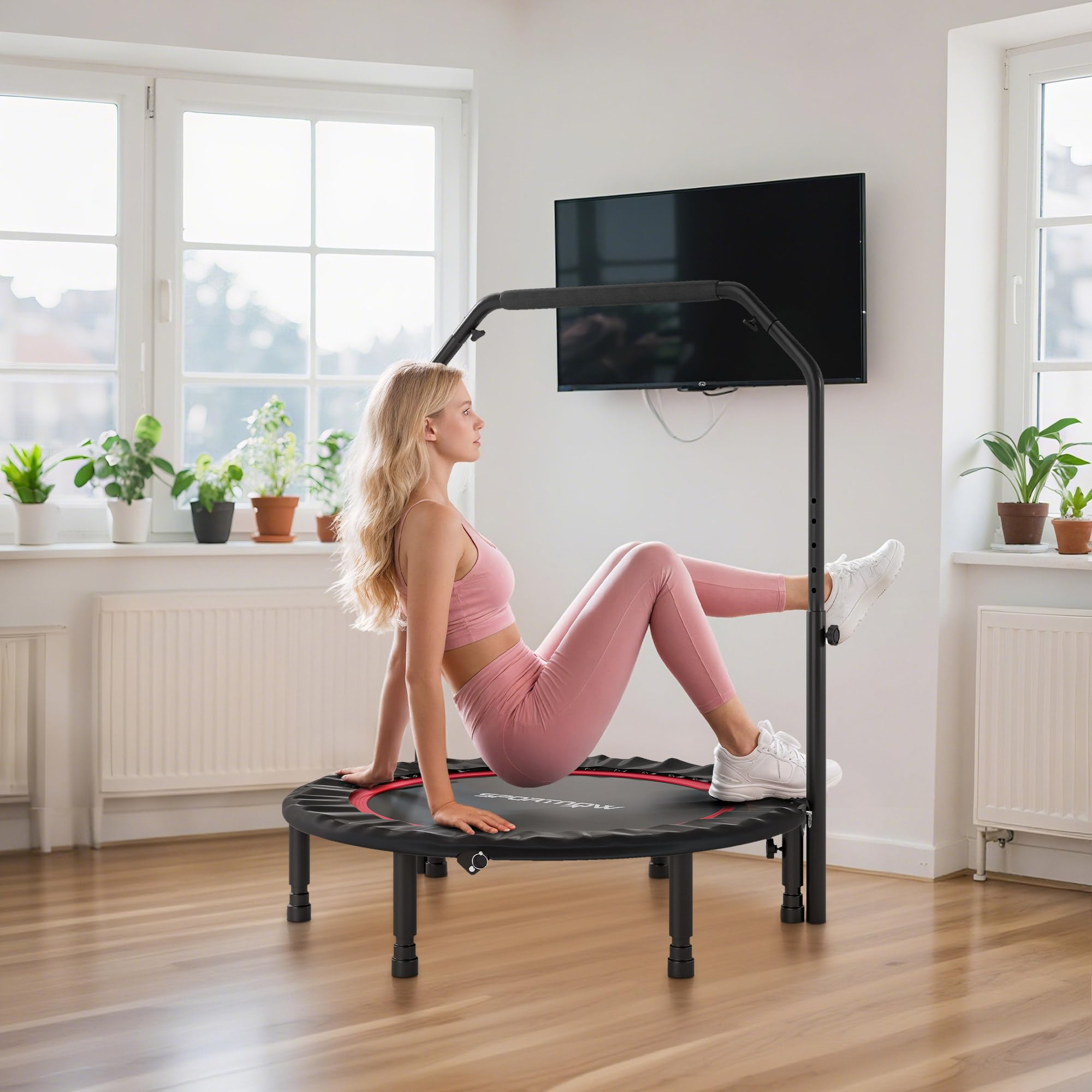SPORTNOW Trampolín de Fitness Adultos Ø102 cm, Cama Elástica Plegable con Mango Ajustable de 4 Niveles y Bandas, para Entrenamiento Piernas Cuerpo en Hogar Oficina Gimnasio Exterior, Carga 150 kg