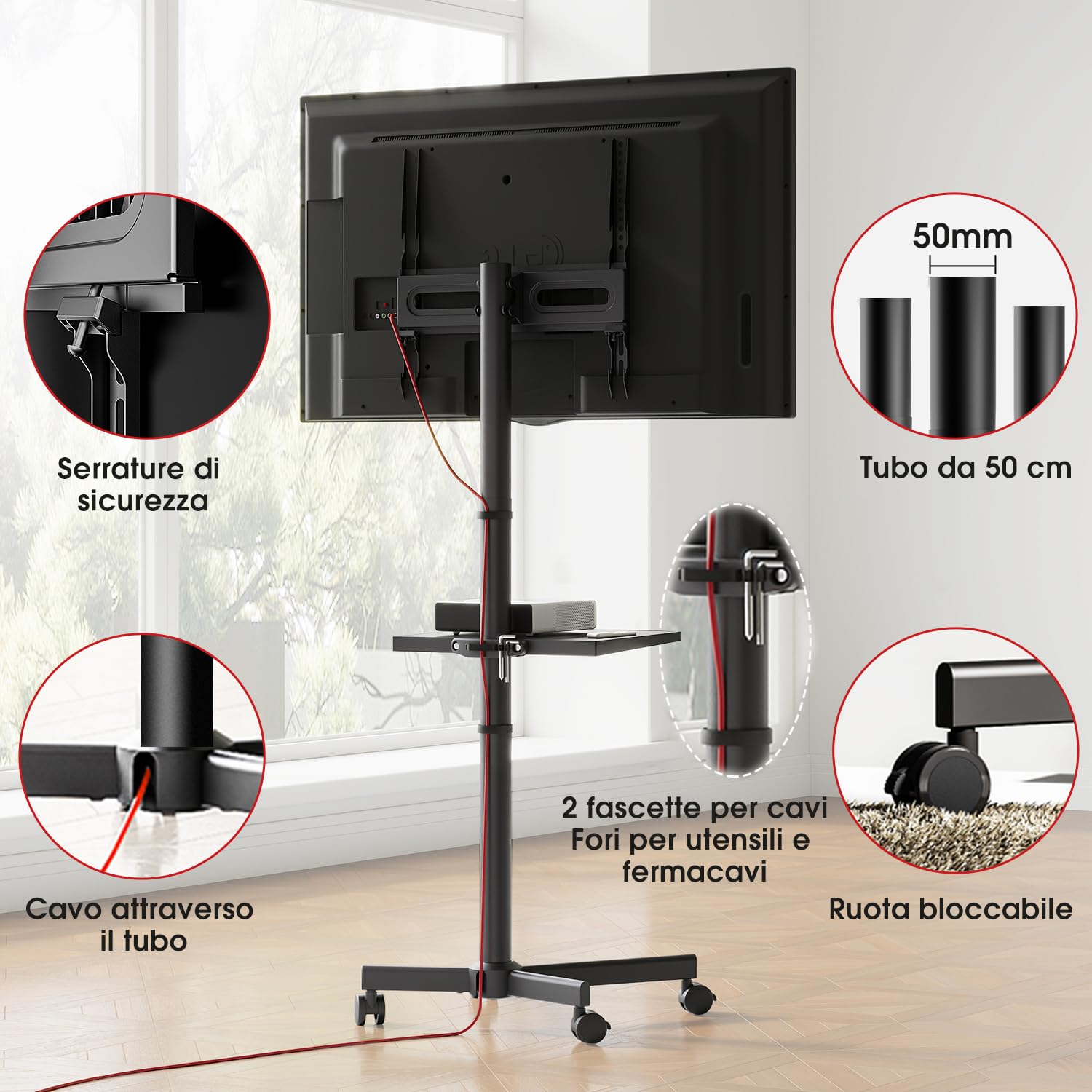 AOKCOS Supporto per TV da 32 a 65 pollici, carrello regolabile con ruote, VESA 400x400 mm, 40 kg, nero