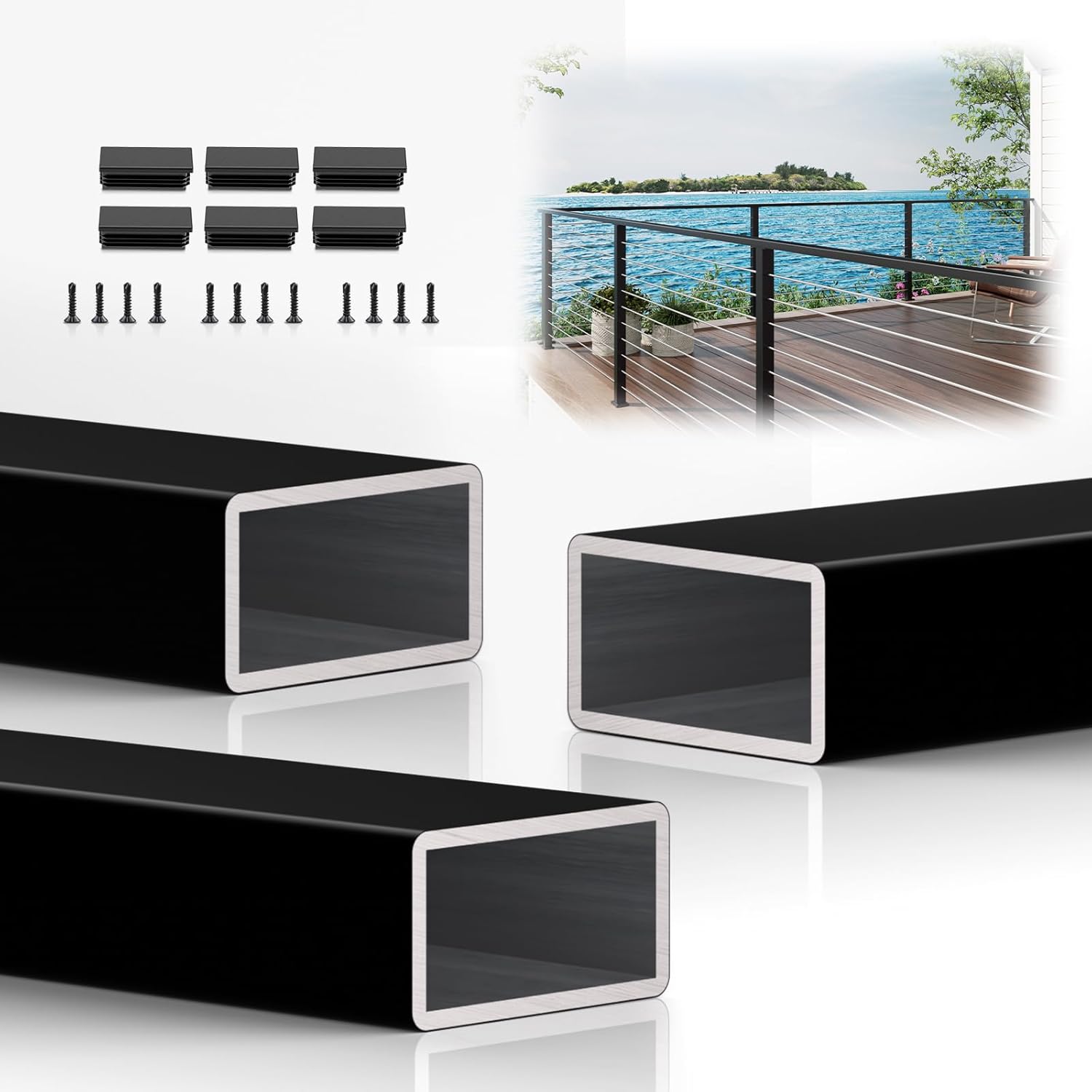 3 Pack 8FTx 2"x1" Aluminum Black Handrail with Nylon End Caps Self Drilling Screws, Rectangular Handrail Cuttable Flat Top Rail for Deck Stair Railing Indoor Outdoor Cable Railing System 8ft-3 Pack Handrail