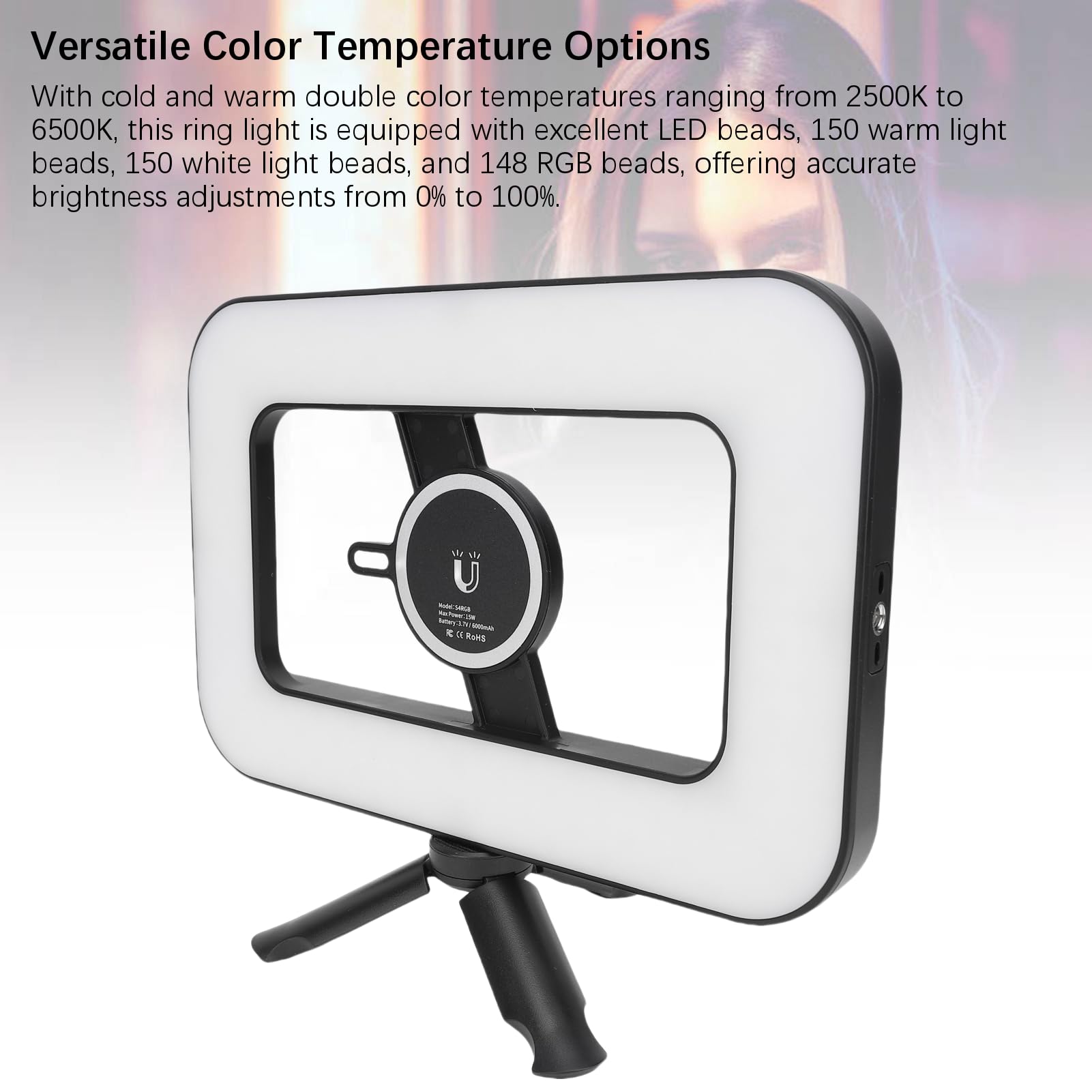 Ejoyous Anillo de Luz LED Portátil para Selfies, Estabilizador de Vídeo Móvil con Luz LED, Temperatura de Color de 2500-6500k para Iluminación de Ambiente de Juegos
