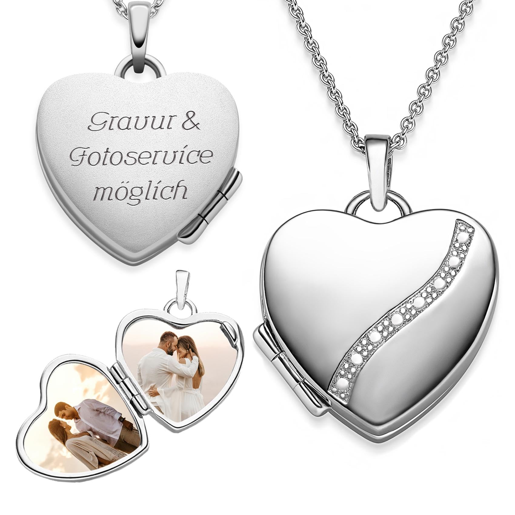 Herz Medaillon zum Öffnen mit Bild Silber 925 Damen, Amulett Anhänger | Medallion Aufklappbar, Kette personalisiert, Foto Upload Service & Gravur