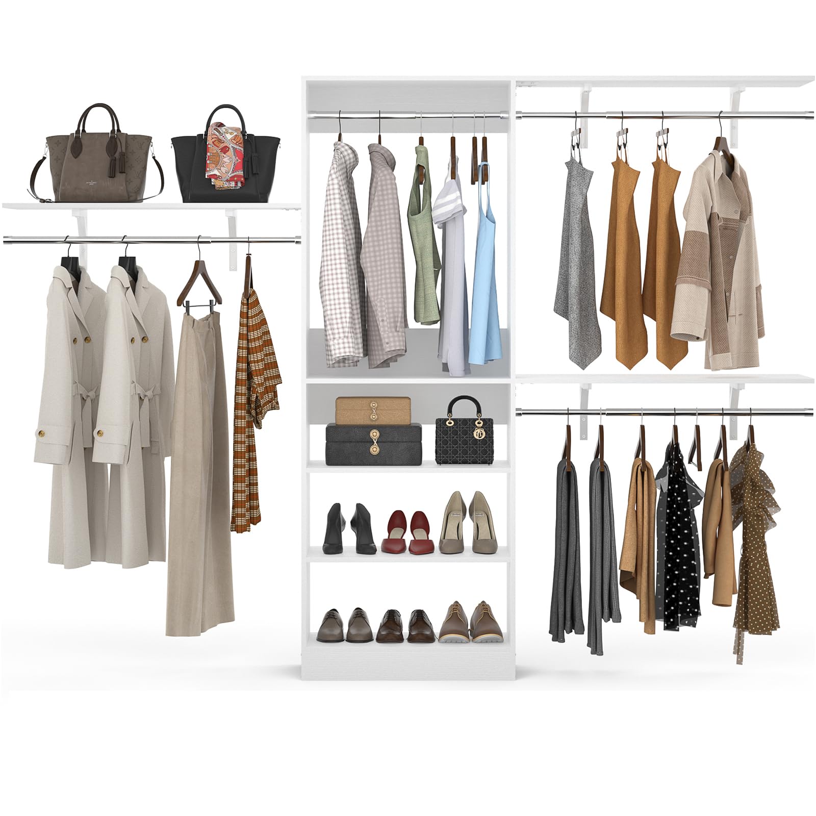 Armocity 96'' Closet System, 8FT Walk In Closet Organizer with 3 Shelving Towers, Heavy Duty Bedroom Wardrobe with 5 Shelves, Wall Mounted Clothes Rack (Can Be Cut To Fit), 96"L x 16"W x 75"H, White