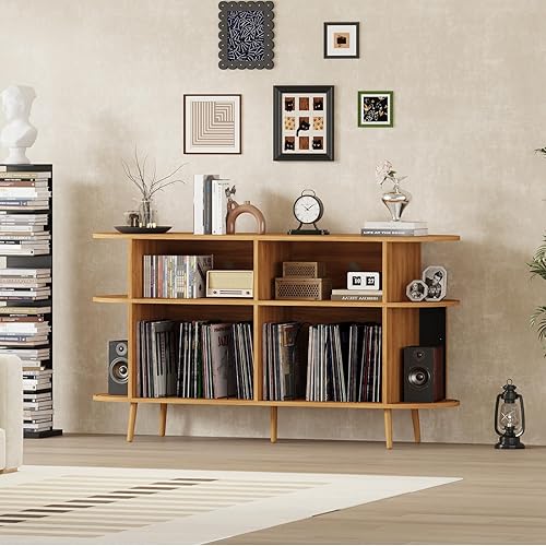 Miniatura 4 de Soporte moderno para tocadiscos de mediados de siglo con almacenamiento, gabinete de almacenamiento de discos de vinilo y consola multimedia con