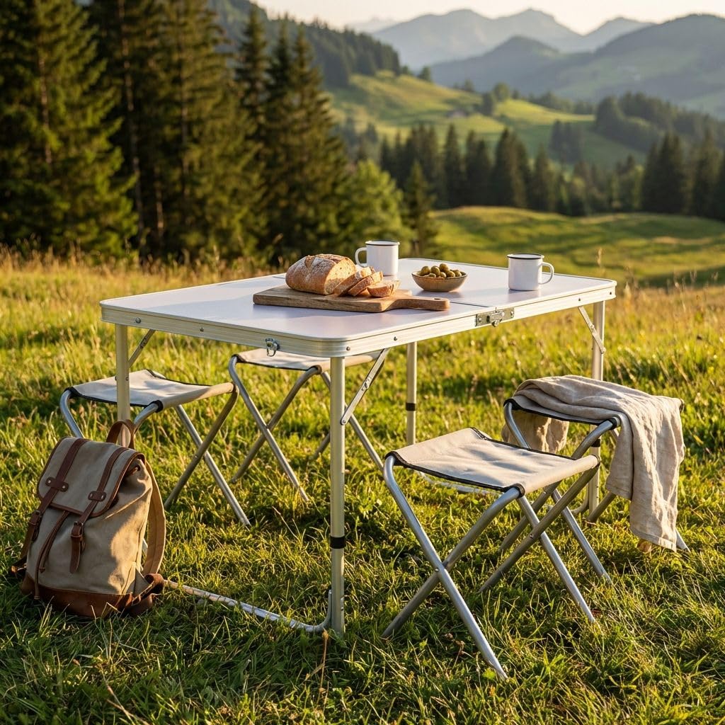 milani home - set tavolo campeggio, alluminio e oxford, con 4 sgabelli, 4 posti, bianco, piano 120 x 60 cm