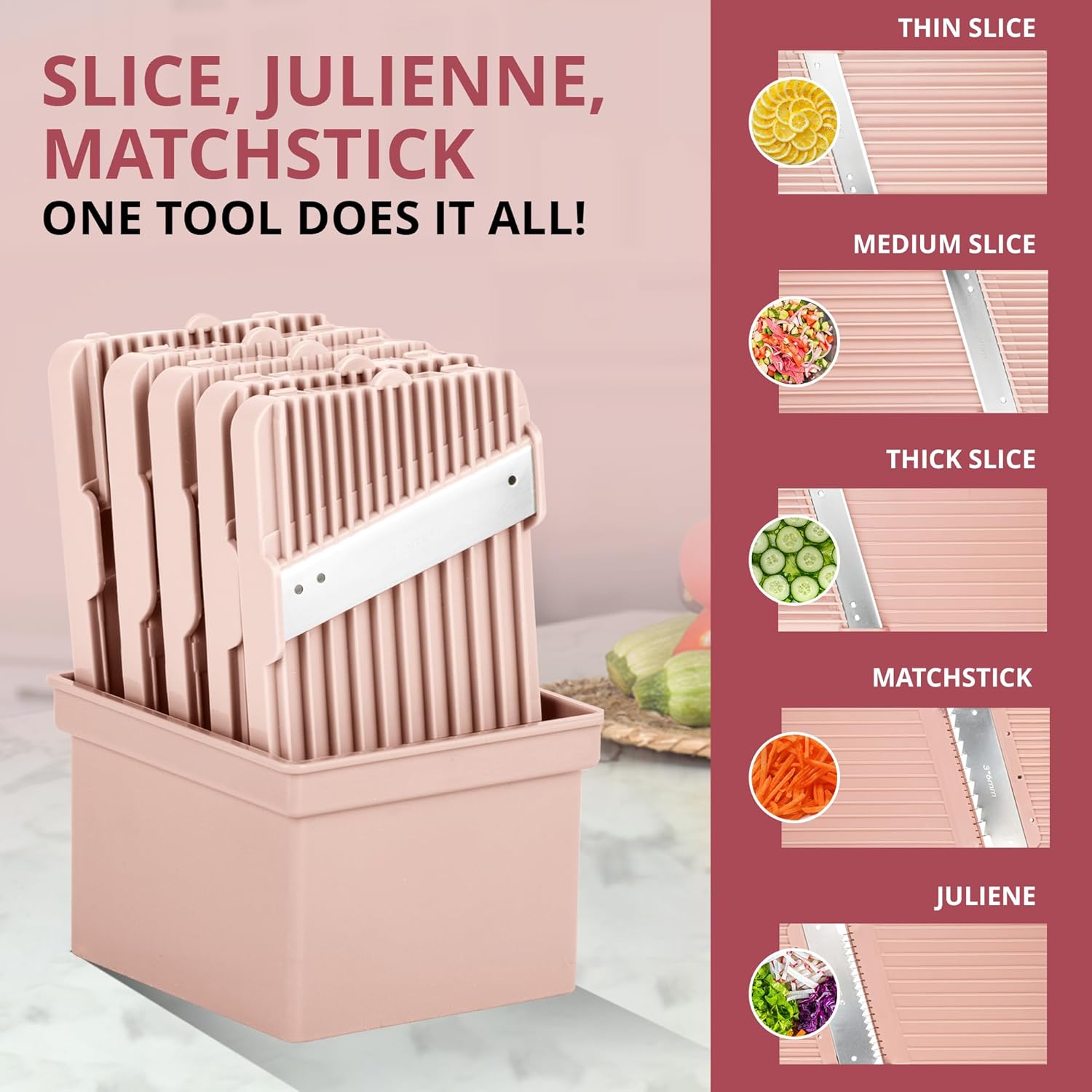 EMSON Safe Mandoline Slicer for Kitchen, All in 1 Mandoline Slicer for Food Works as Potato Slicer, Vegetable Slicer, Food Slicer, French Fry Cutter and More with 5 Blades and Storage Container