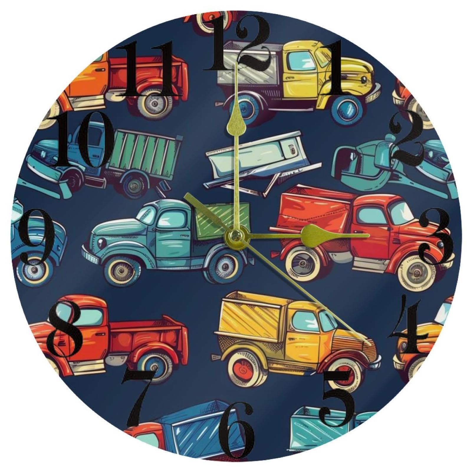 Horloge murale vintage camionnette en quartz silencieuse ronde pour cuisine