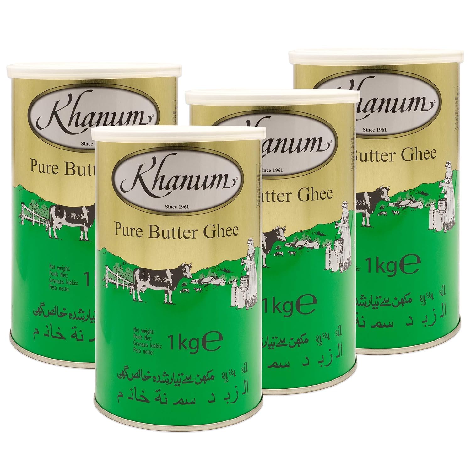 Khanum Graisse de beurre pure Ghee 4 x 1 kg – Graisse de beurre de haute qualité pour rôtir, cuisiner et cuire au four | Parfait pour frire, point de fumée élevé, sans additifs avec autocollant Kajal