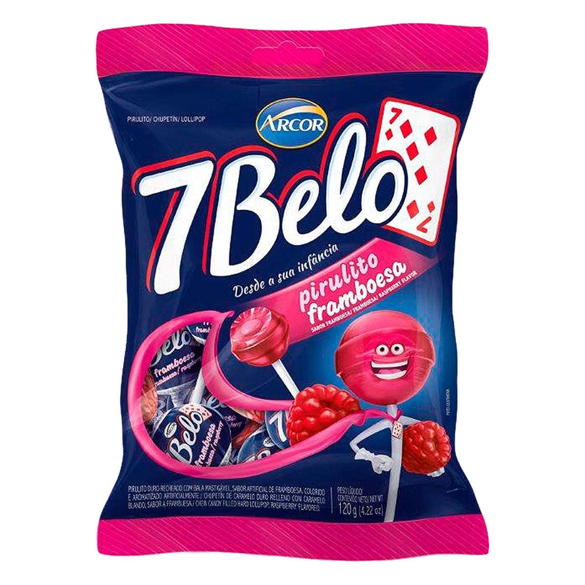 Arcor - 7 Belo - Hard lollipop Filled With Chew Candy Rasberry Flavored - 4.23 Oz (PACK OF 4) | Pirulito Duro Recheado Com Bala Mastigável Sabor Framboesa - 120g