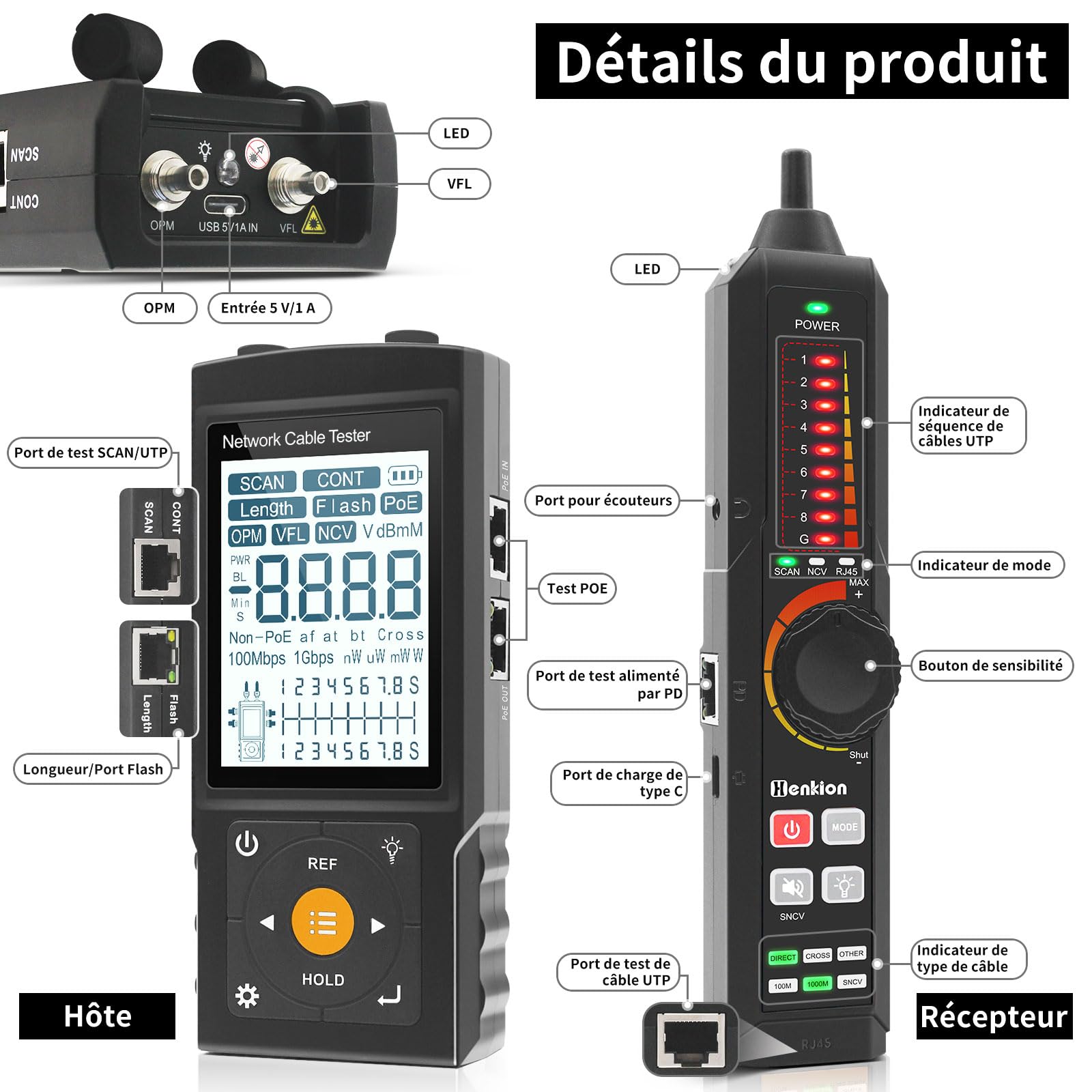 Henkion Testeur RJ45 Professionnel Traceur de Câbles Réseau Multifonction, test de continuité UTP et défaut connecteur, longueur, OPM, POE 802.3af/at/bt etPOE non standard, clignotement port, NCV