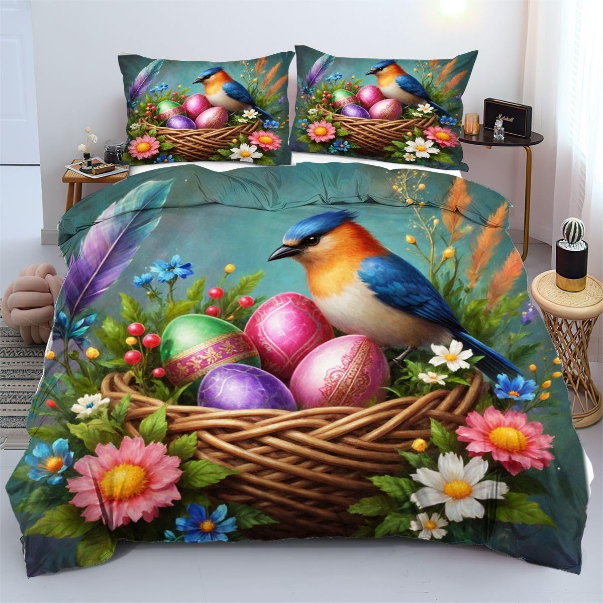 Housse de couette oiseau 3D coloré 90x190 microfibre infroissable pour simplifier le lit enfant