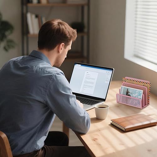 Miniatura 6 de EASEPRES Desk Mail Organizer, Office Small Desktop Metal Mesh Envelope Letter Sorter Paper File Holder Organizer with 3 Vertical Upright