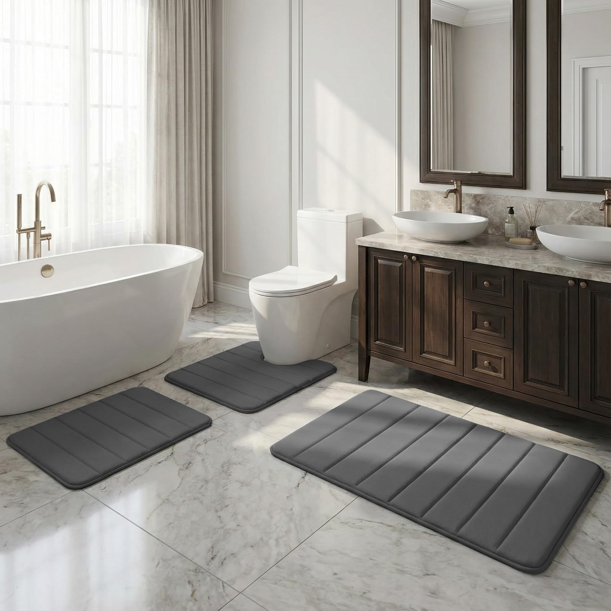 Xtrillogen 3 Piece Non Slip Bath Mat Set,Microfibre Plush Bathroom Mat,Includes U-Shaped Contour Toilet Rug,Anti Slip Accessories Design,Suitable for Bathroom,Bathtub and Shower Area(Dark gray)