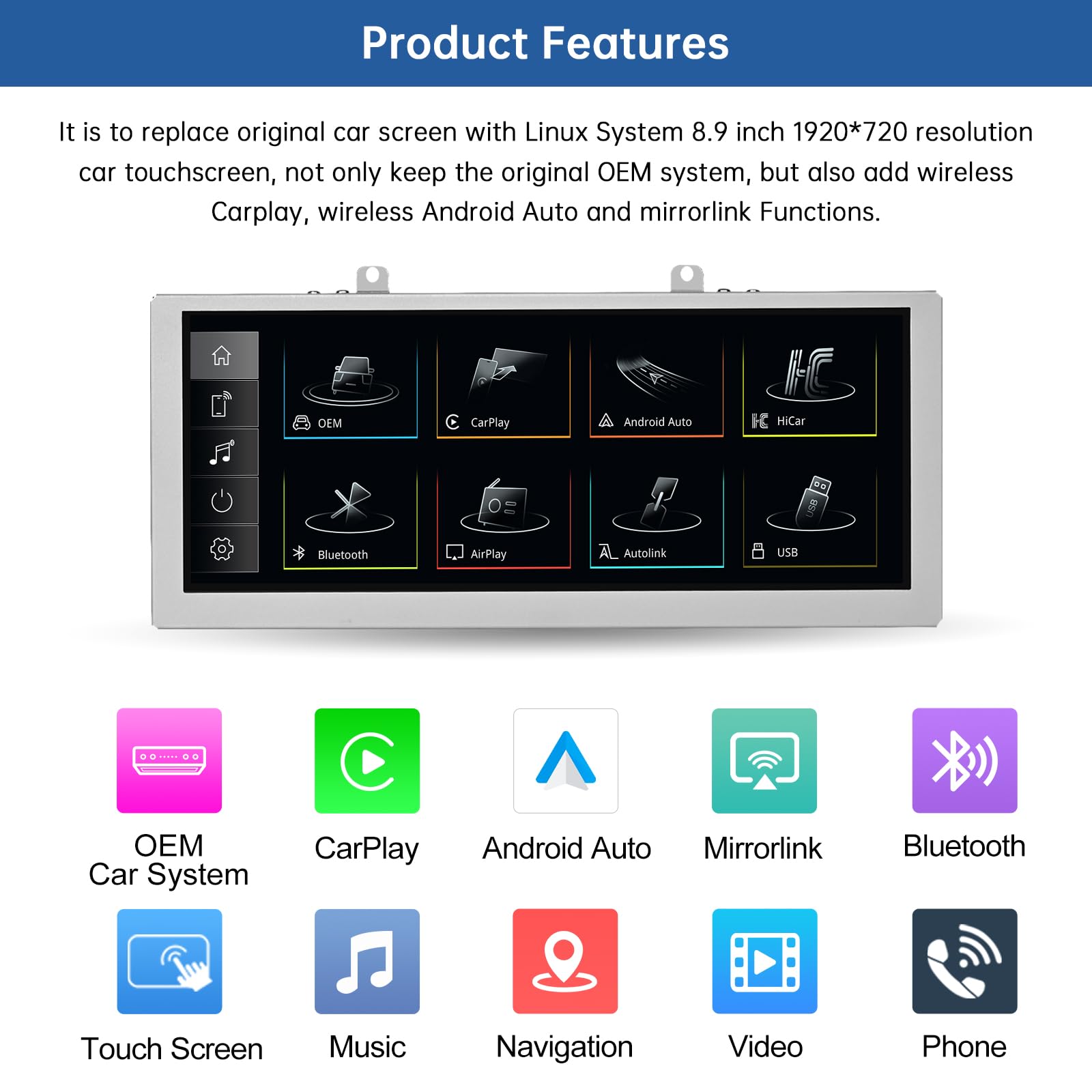 Road Top 8,9 cala Bezprzewodowy ekran dotykowy radia samochodowego CarPlay dla Audi Q5 2009-2017 rok z 3GMMI, multimedialny ekran stereo radia samochodowego, obsługa bezprzewodowego Android Auto