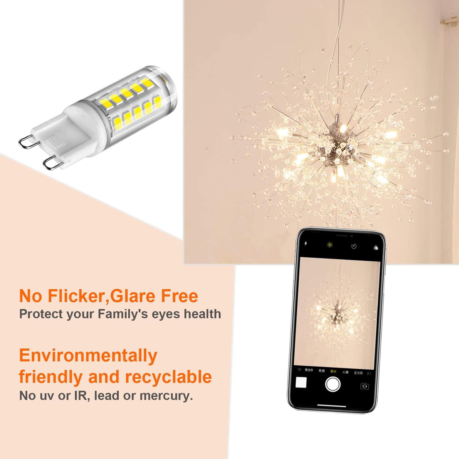 6 Pack G9 LED Bulb No dimmable T4 Chandelier Light Bulbs 4W Natural White 6000K, (40W Halogen Replacement) G9 Bi Pin Ceramic Base, 120V AC 360°Beam Angle 450LM for, Crystal Wall Lamp